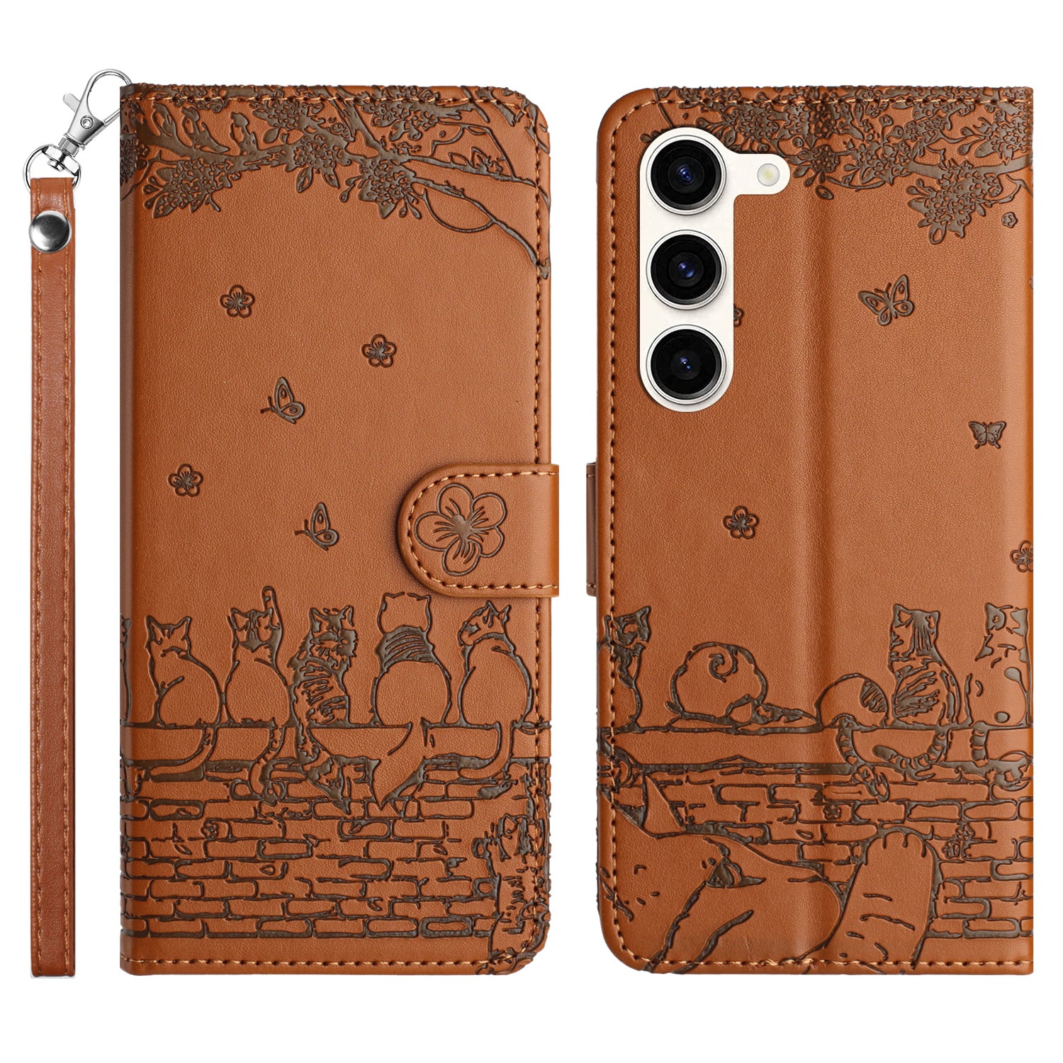 PU Leather Stand Case for Samsung Galaxy S23 Wall Cats Imprinted Phone Wallet Cover with Strap