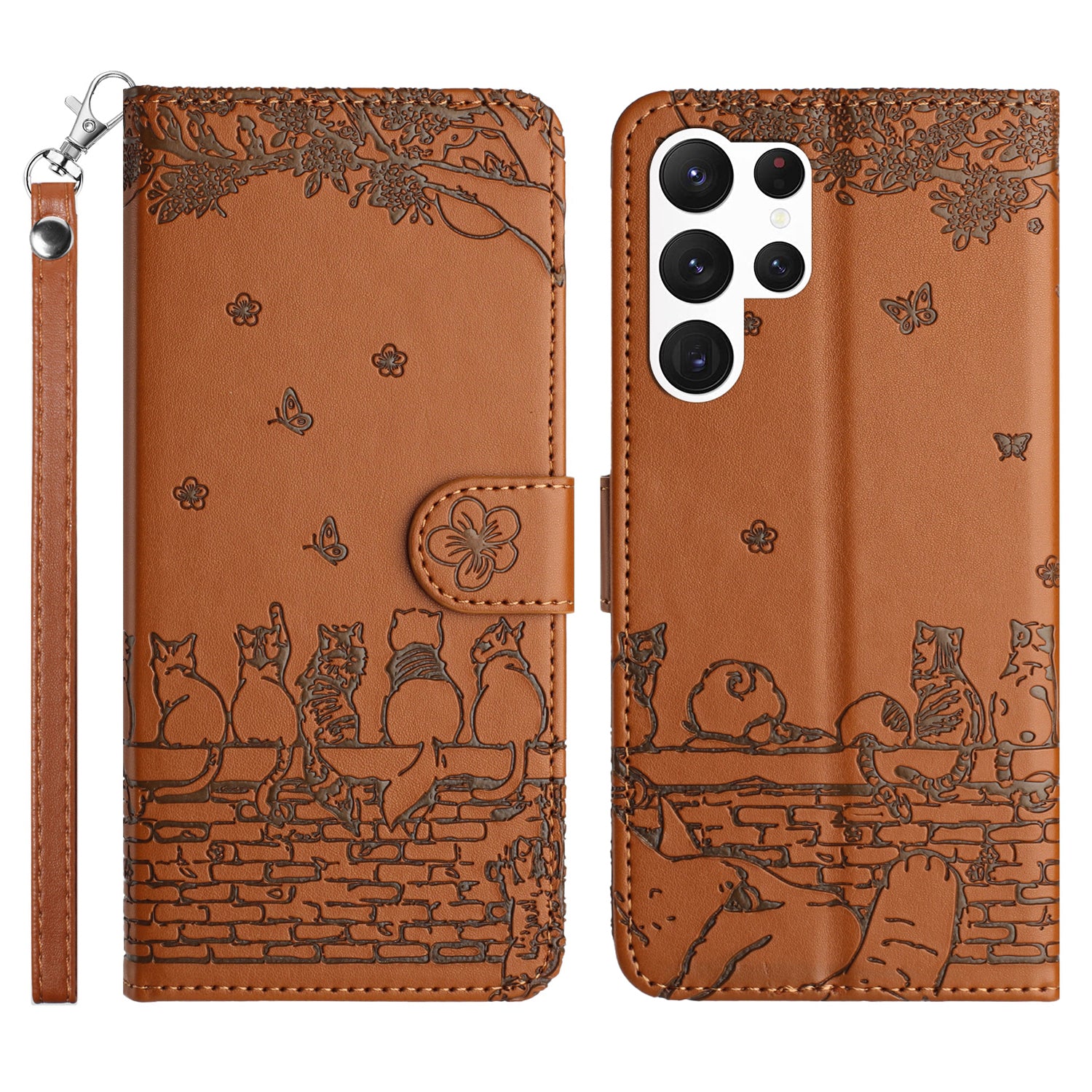Wall Cats Imprinted Phone Case for Samsung Galaxy S23 Ultra PU Leather Stand Wallet Cover with Strap