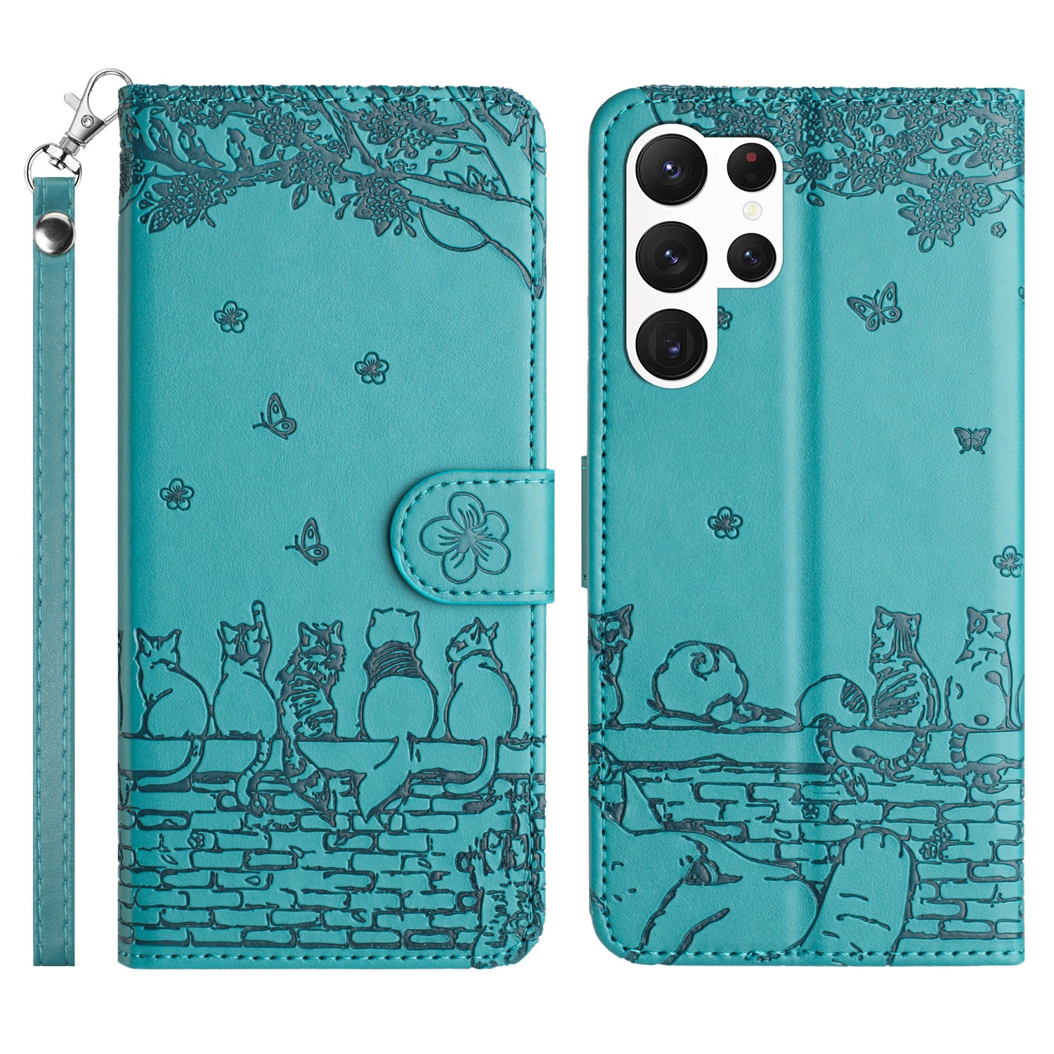 Wall Cats Imprinted Phone Case for Samsung Galaxy S23 Ultra PU Leather Stand Wallet Cover with Strap