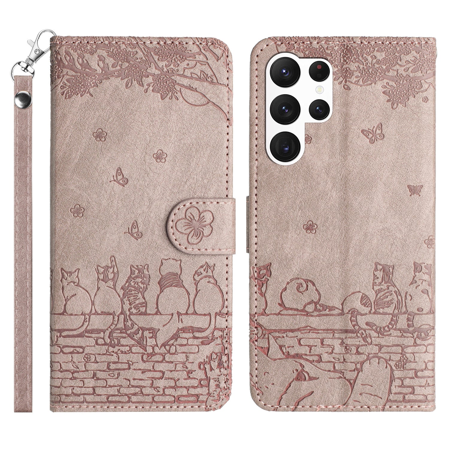 Wall Cats Imprinted Phone Case for Samsung Galaxy S23 Ultra PU Leather Stand Wallet Cover with Strap