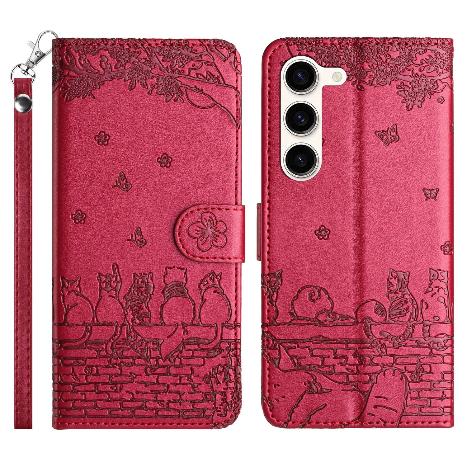 Phone Leather Cover for Samsung Galaxy S23 Stand Wallet Imprinted Wall Cats Case with Strap