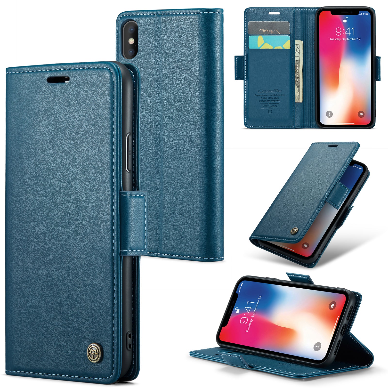 CASEME 023 Series RFID Blocking Leather Case for iPhone XS Litchi Texture Stand Wallet Phone Cover