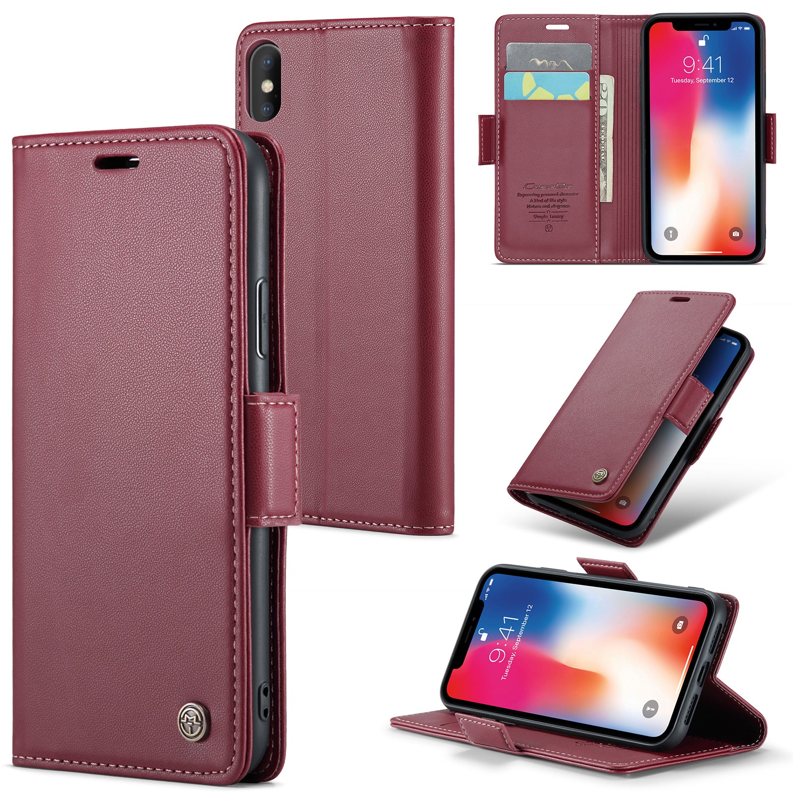CASEME 023 Series RFID Blocking Leather Case for iPhone XS Litchi Texture Stand Wallet Phone Cover
