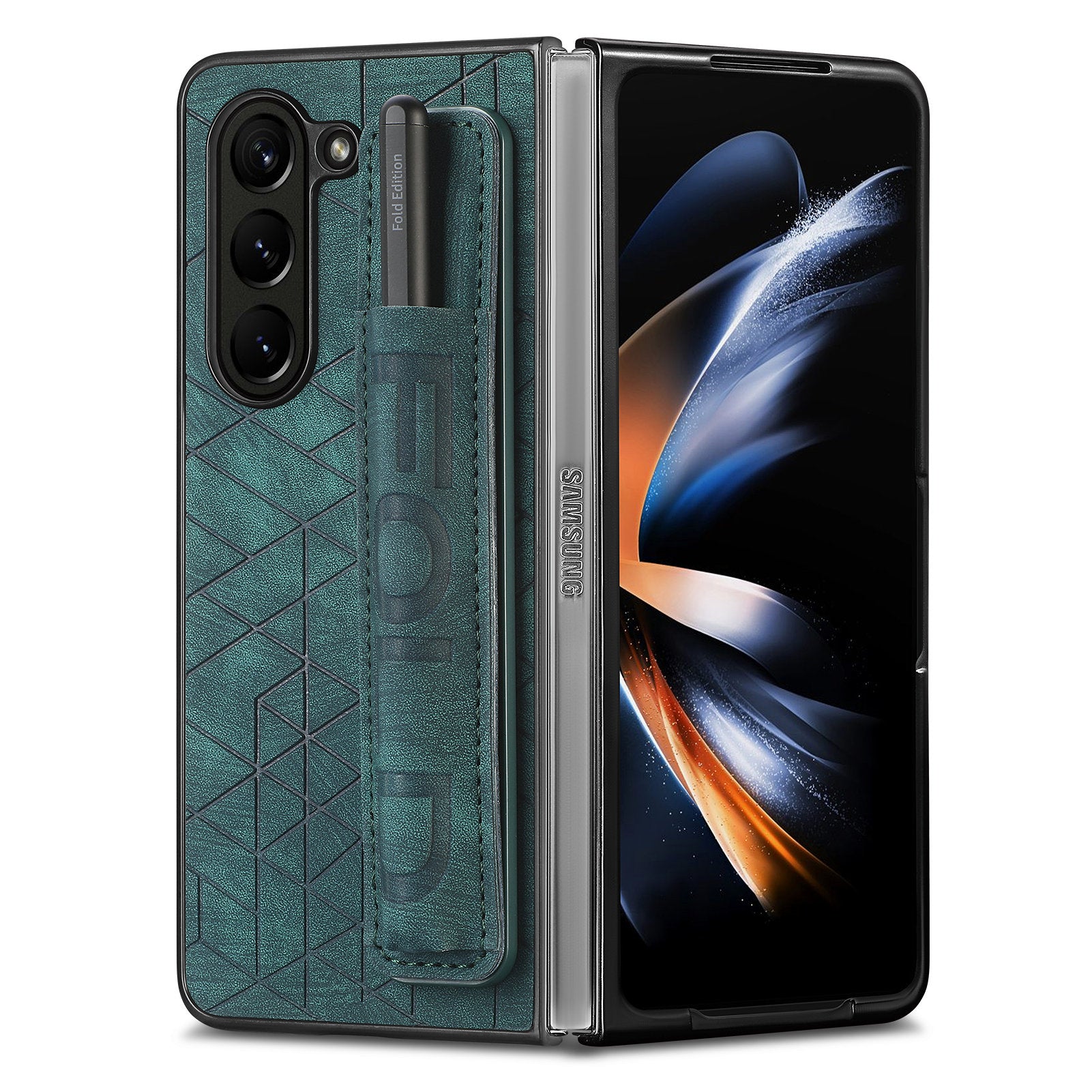 For Samsung Galaxy Z Fold5 5G Phone Case PU Leather PC Phone Cover with Hand Strap Pencil Slot