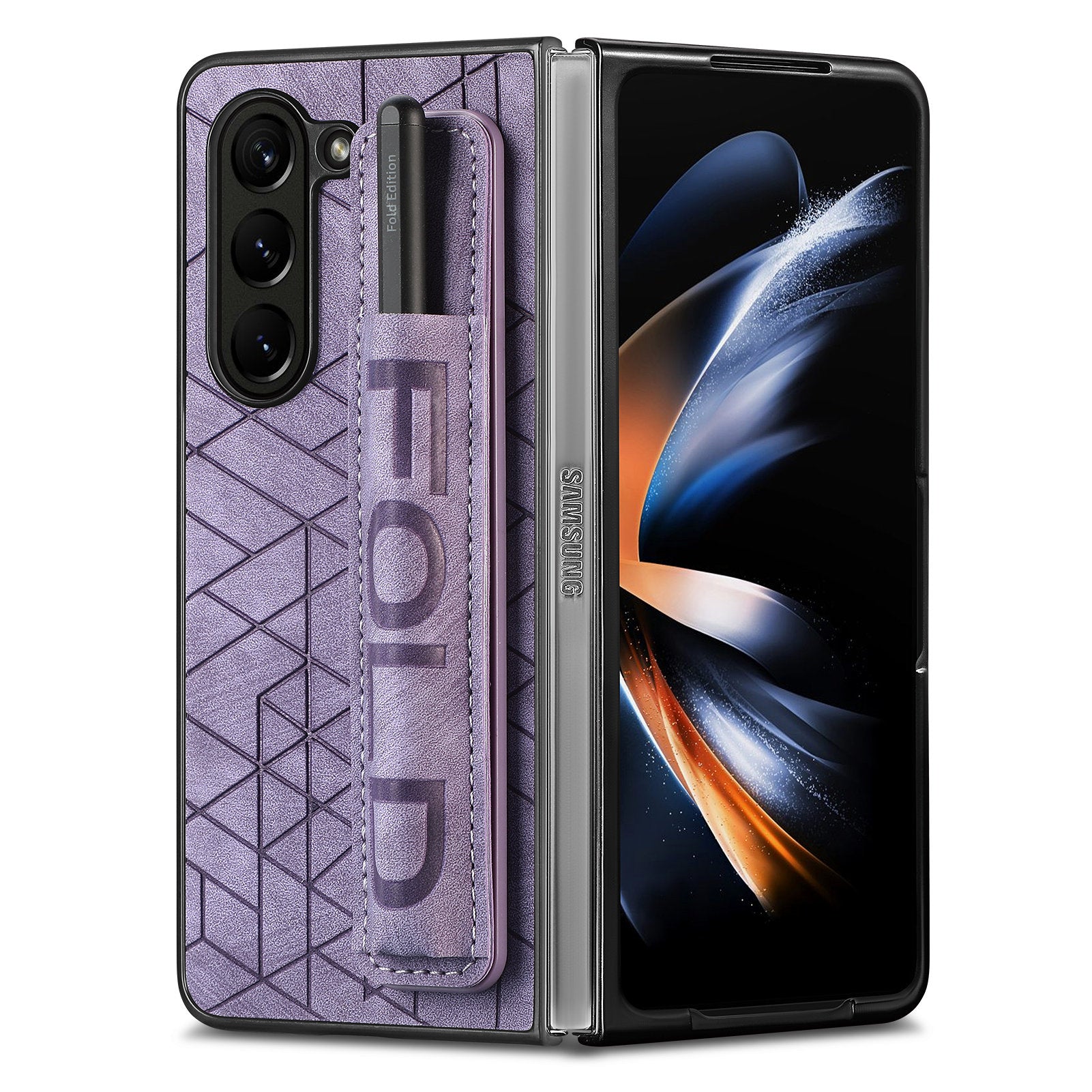 For Samsung Galaxy Z Fold5 5G Phone Case PU Leather PC Phone Cover with Hand Strap Pencil Slot