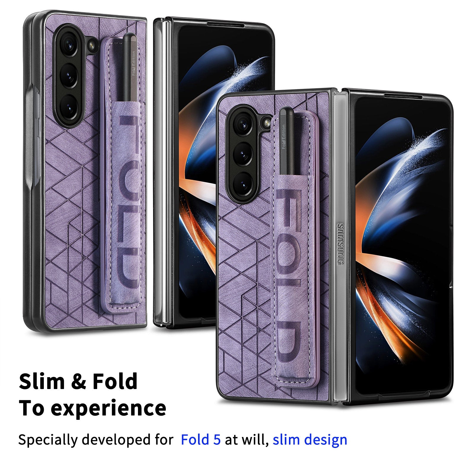 For Samsung Galaxy Z Fold5 5G Phone Case PU Leather PC Phone Cover with Hand Strap Pencil Slot