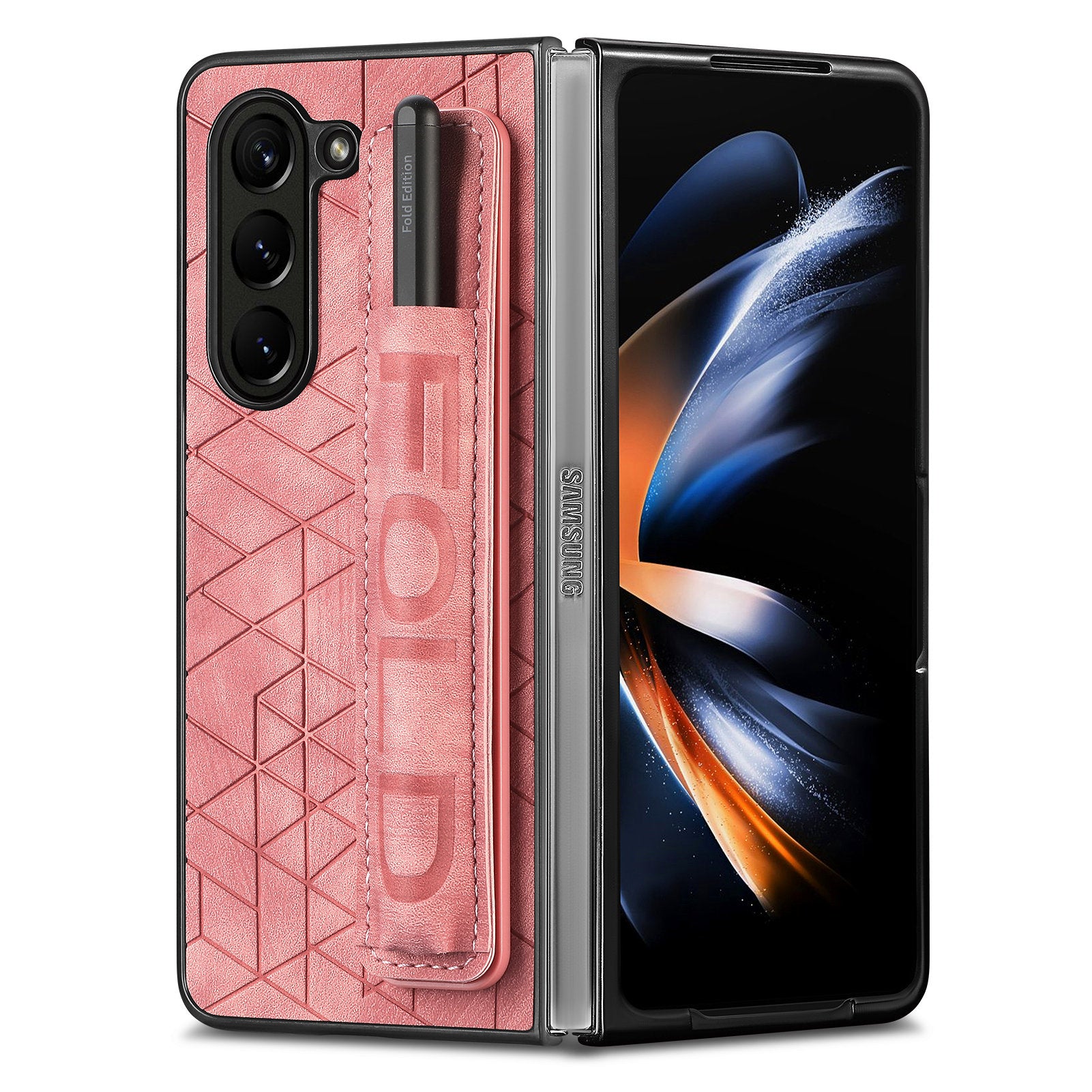 For Samsung Galaxy Z Fold5 5G Phone Case PU Leather PC Phone Cover with Hand Strap Pencil Slot