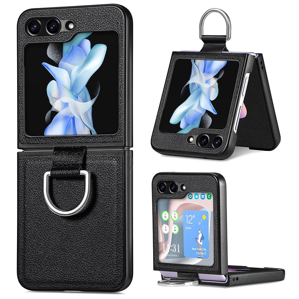 For Samsung Galaxy Z Flip5 5G Kickstand Phone Case Litchi Texture Leather Hard PC Protective Cover