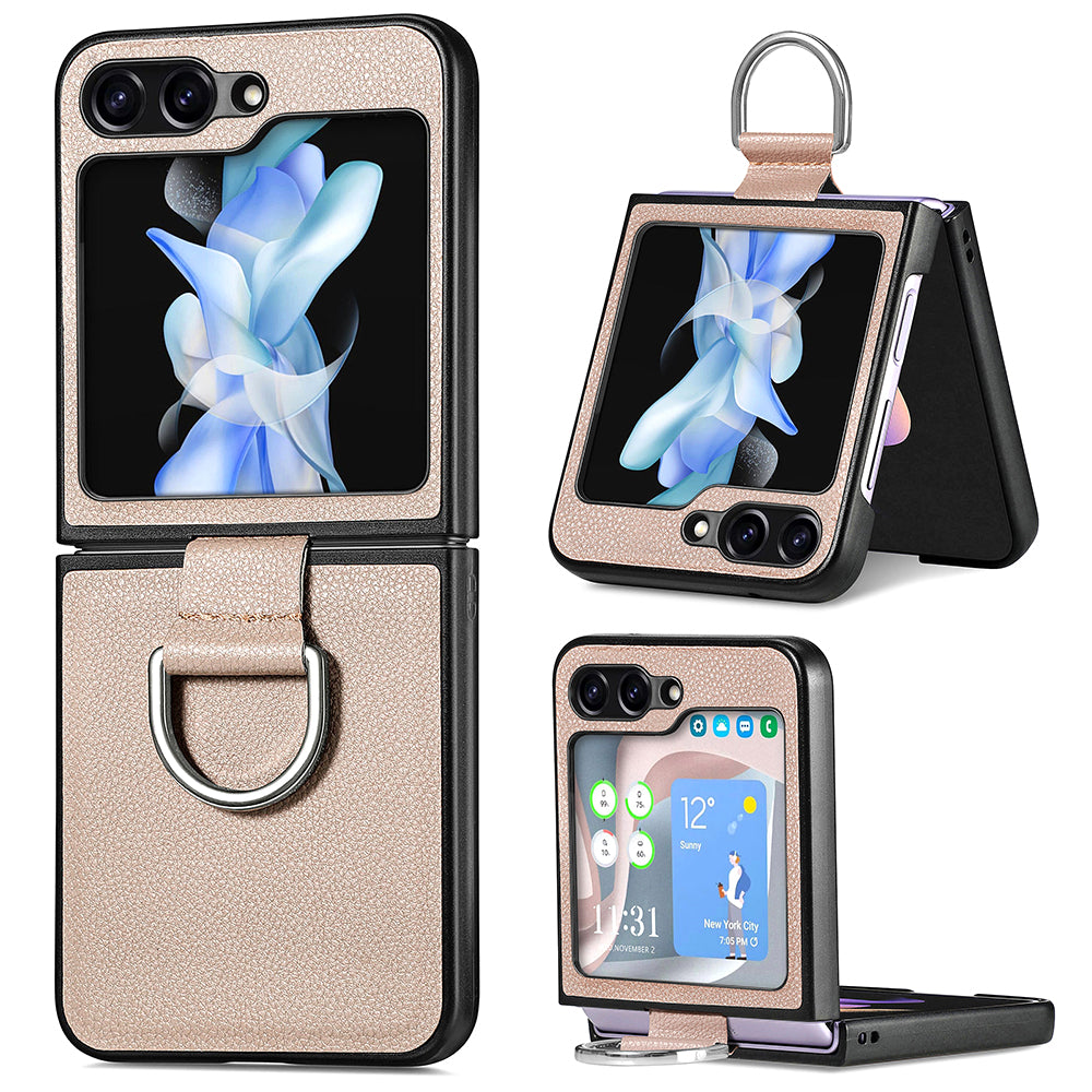 For Samsung Galaxy Z Flip5 5G Kickstand Phone Case Litchi Texture Leather Hard PC Protective Cover