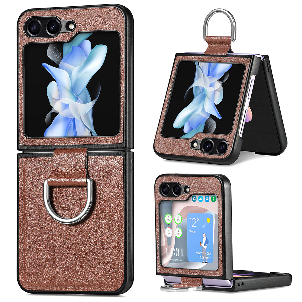 For Samsung Galaxy Z Flip5 5G Kickstand Phone Case Litchi Texture Leather Hard PC Protective Cover