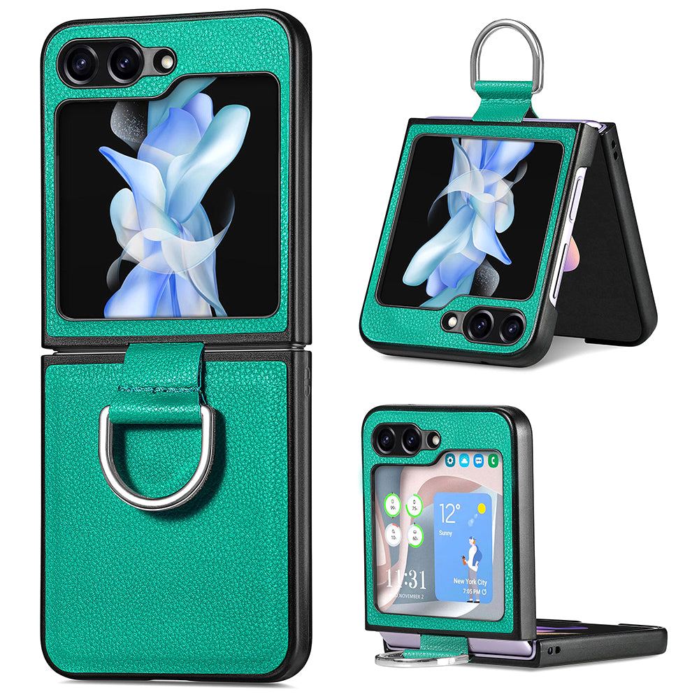 For Samsung Galaxy Z Flip5 5G Kickstand Phone Case Litchi Texture Leather Hard PC Protective Cover