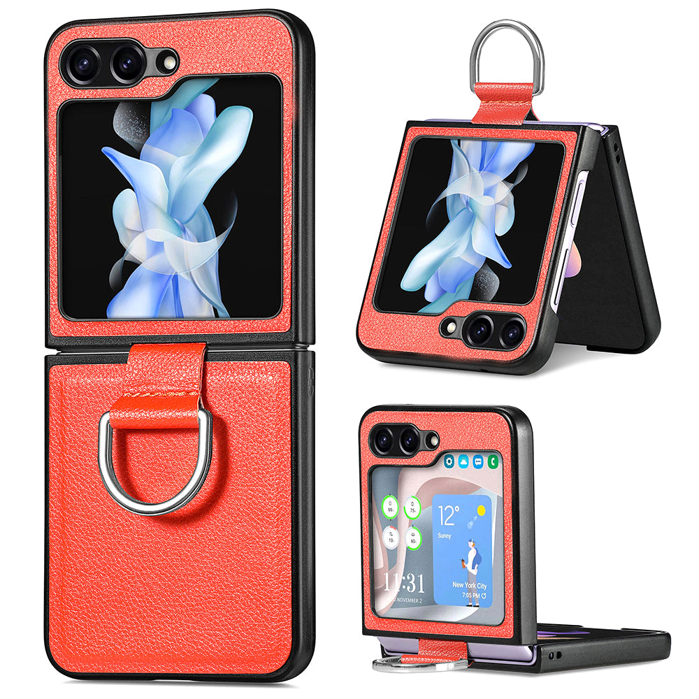 For Samsung Galaxy Z Flip5 5G Kickstand Phone Case Litchi Texture Leather Hard PC Protective Cover