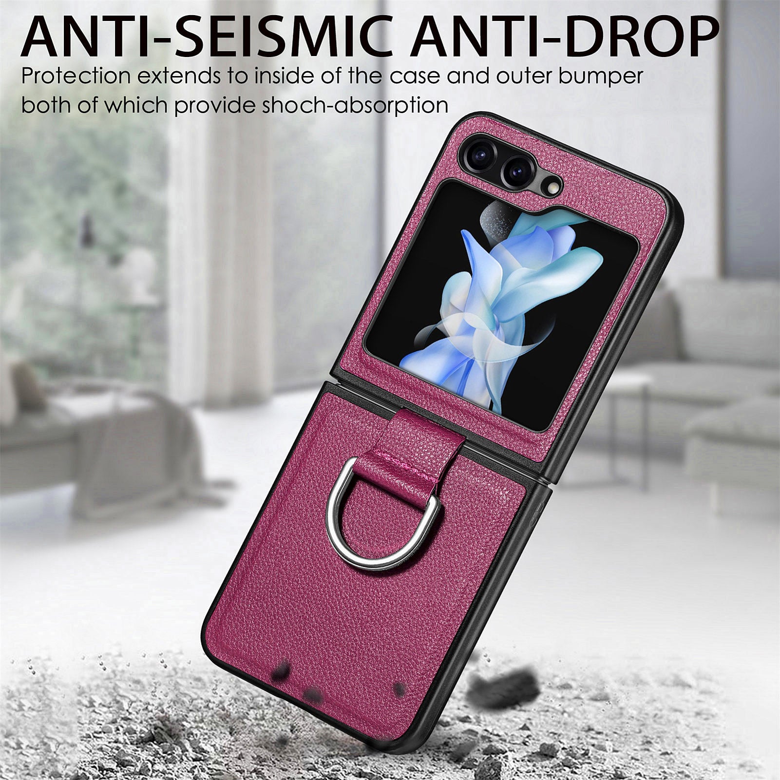 For Samsung Galaxy Z Flip5 5G Kickstand Phone Case Litchi Texture Leather Hard PC Protective Cover