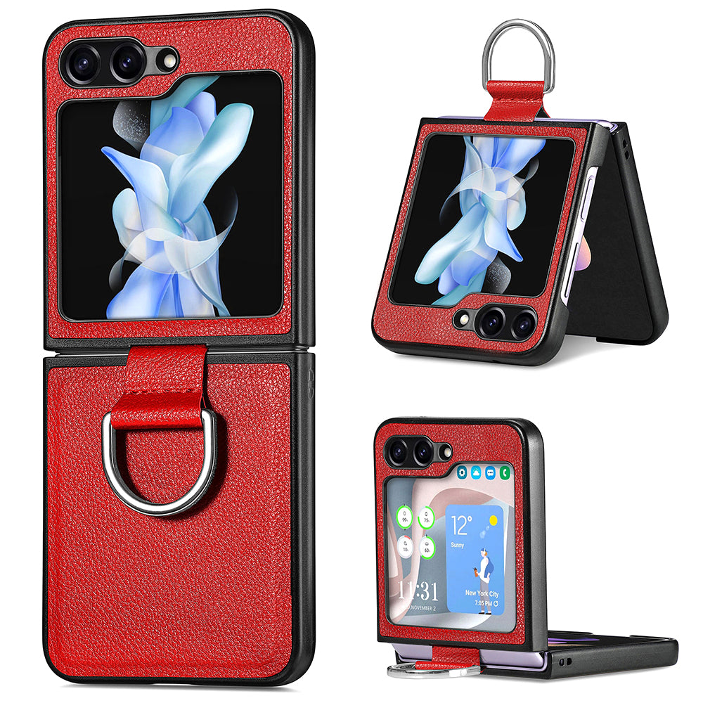 For Samsung Galaxy Z Flip5 5G Kickstand Phone Case Litchi Texture Leather Hard PC Protective Cover
