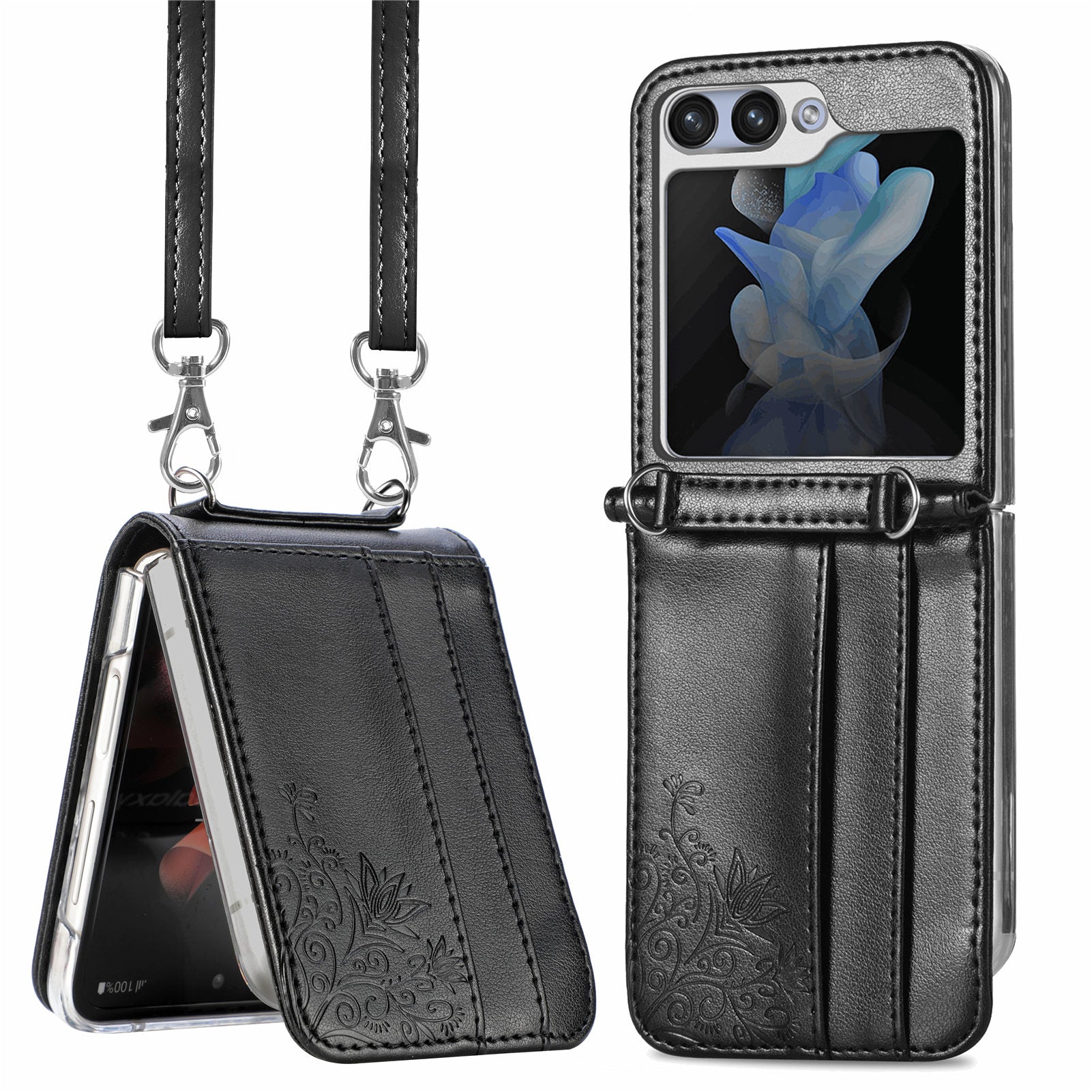 For Samsung Galaxy Z Flip5 5G PU Leather PC Card Holder Case Flower Imprinted Phone Cover with Shoulder Strap