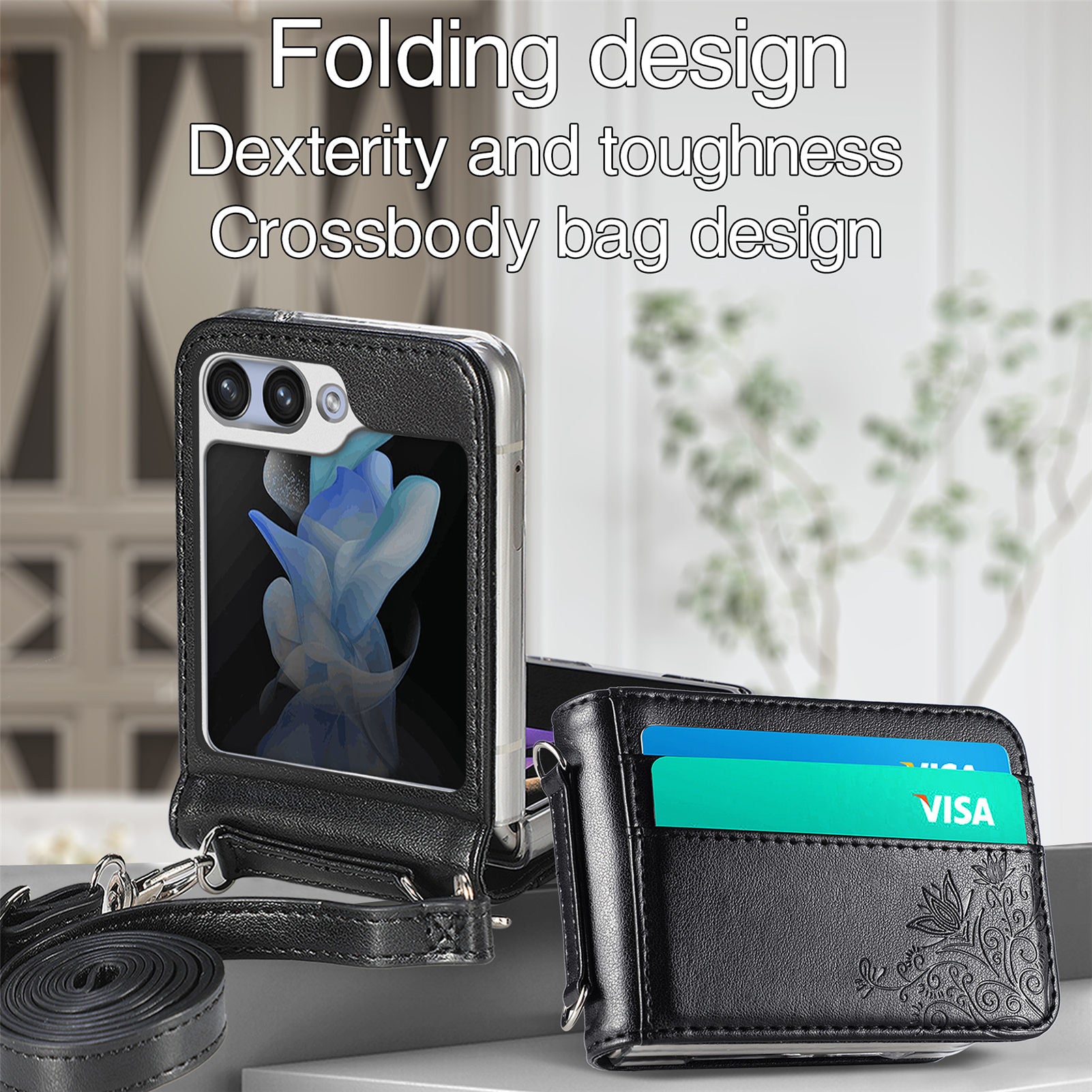 For Samsung Galaxy Z Flip5 5G PU Leather PC Card Holder Case Flower Imprinted Phone Cover with Shoulder Strap