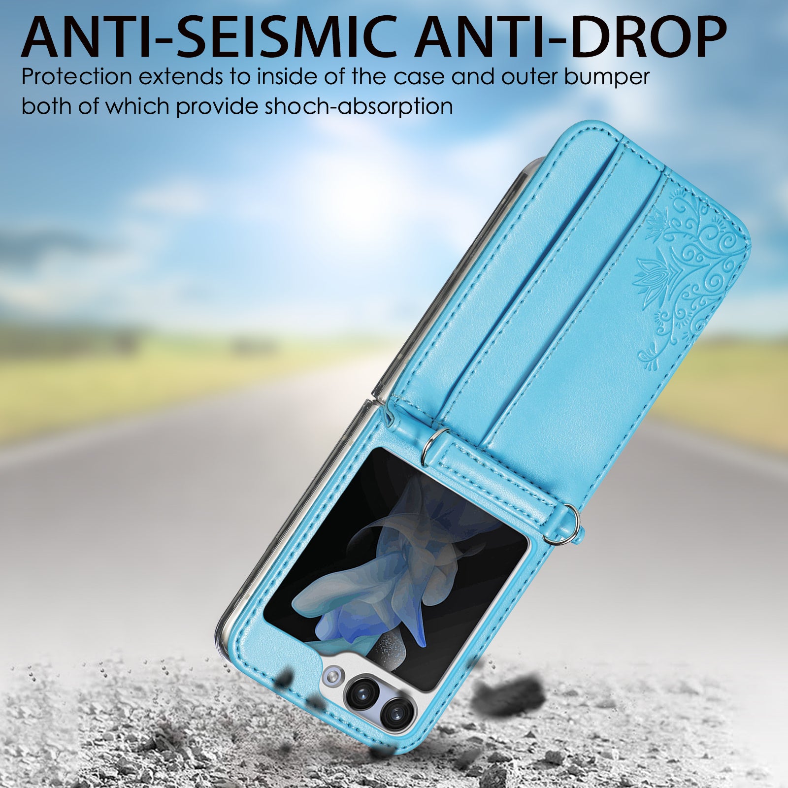 For Samsung Galaxy Z Flip5 5G PU Leather PC Card Holder Case Flower Imprinted Phone Cover with Shoulder Strap