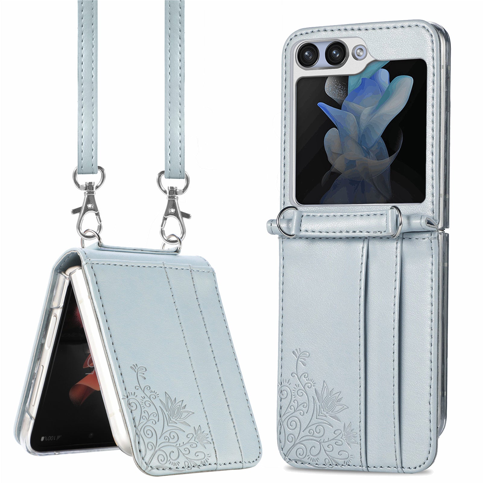 For Samsung Galaxy Z Flip5 5G PU Leather PC Card Holder Case Flower Imprinted Phone Cover with Shoulder Strap