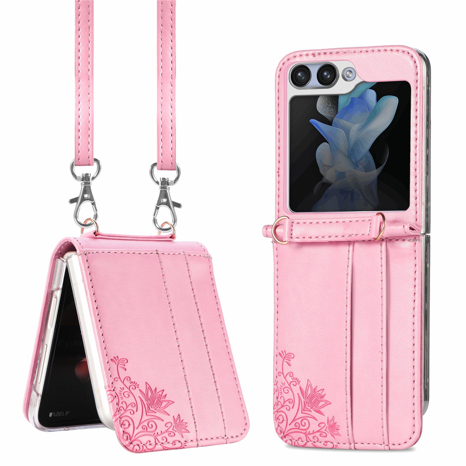 For Samsung Galaxy Z Flip5 5G PU Leather PC Card Holder Case Flower Imprinted Phone Cover with Shoulder Strap