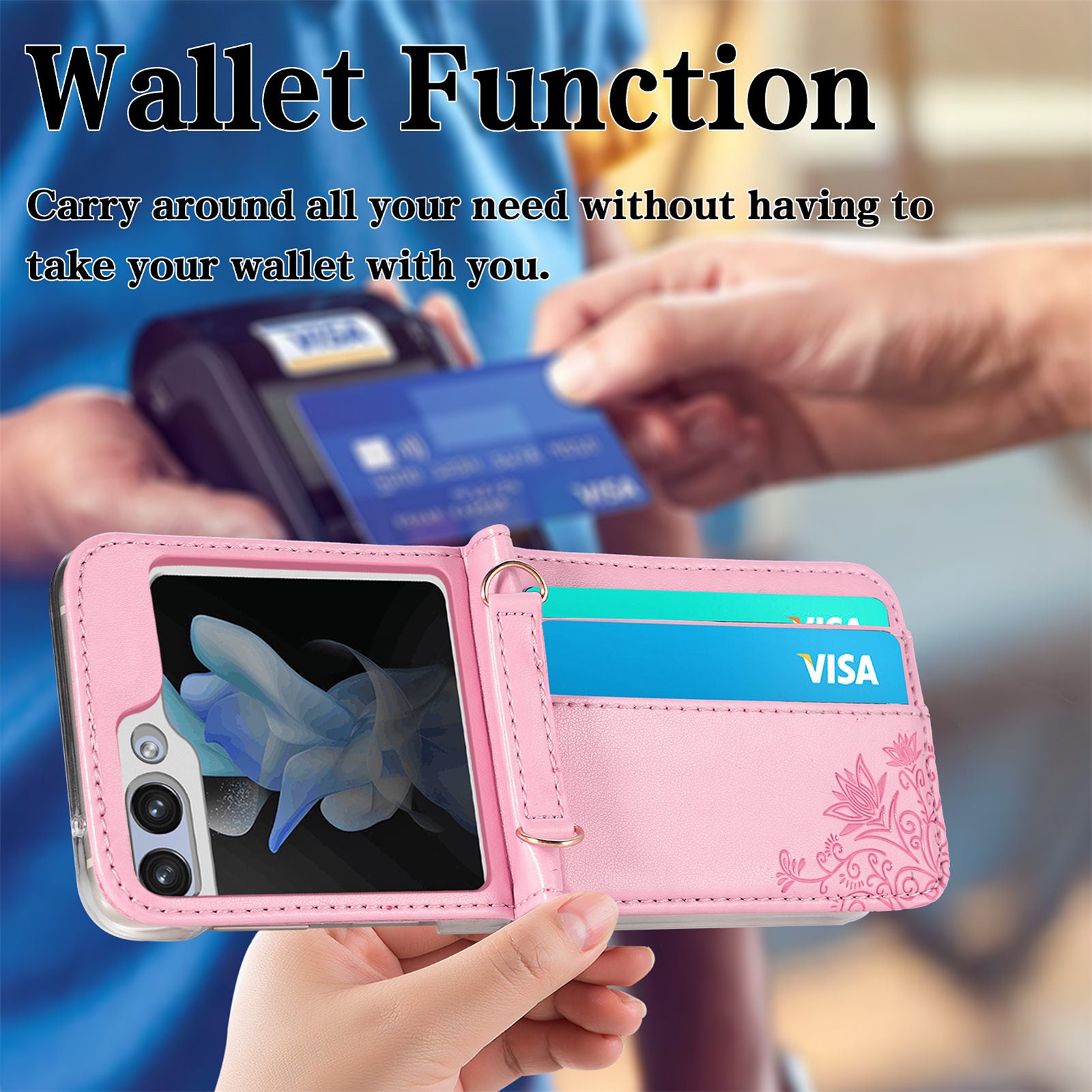 For Samsung Galaxy Z Flip5 5G PU Leather PC Card Holder Case Flower Imprinted Phone Cover with Shoulder Strap