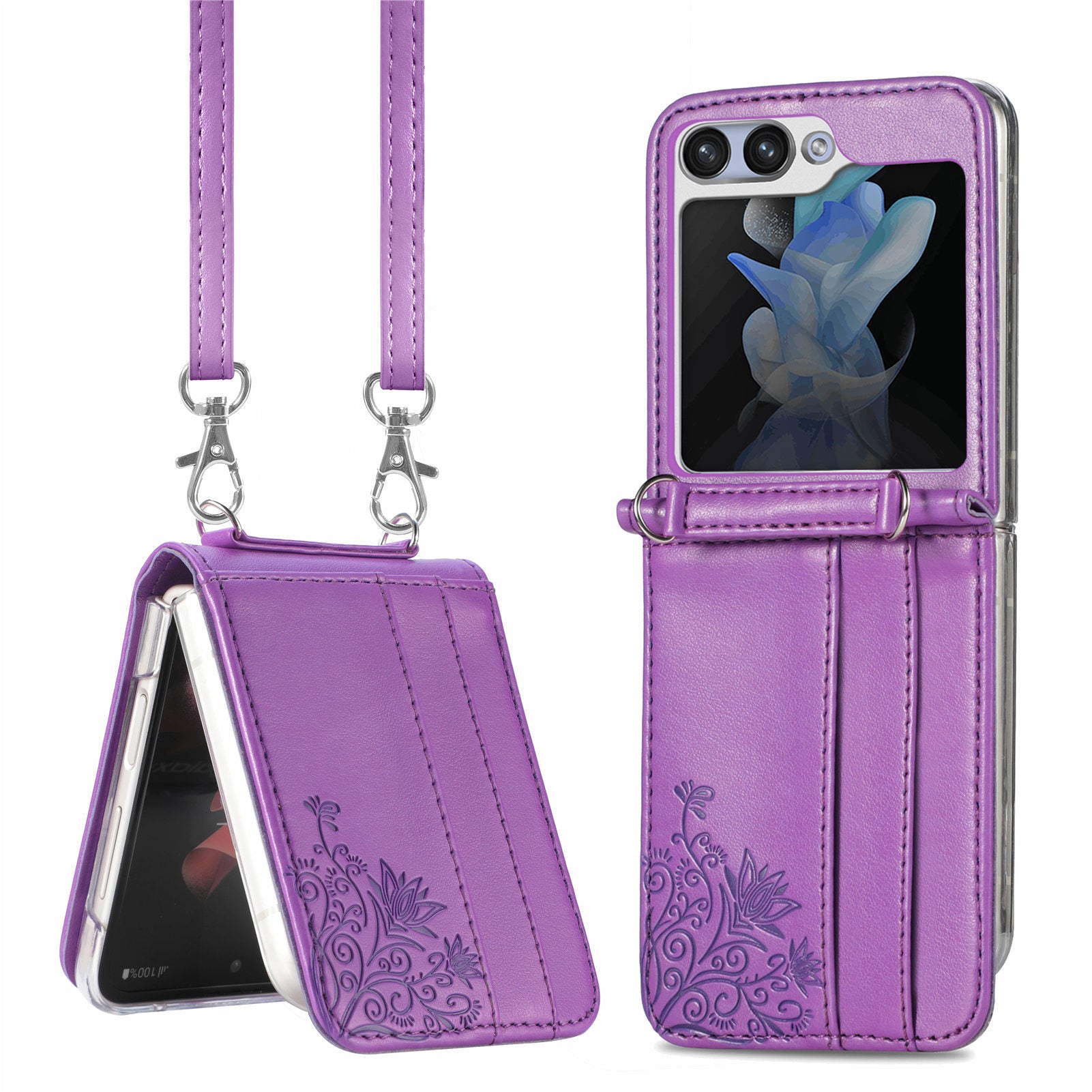 For Samsung Galaxy Z Flip5 5G PU Leather PC Card Holder Case Flower Imprinted Phone Cover with Shoulder Strap