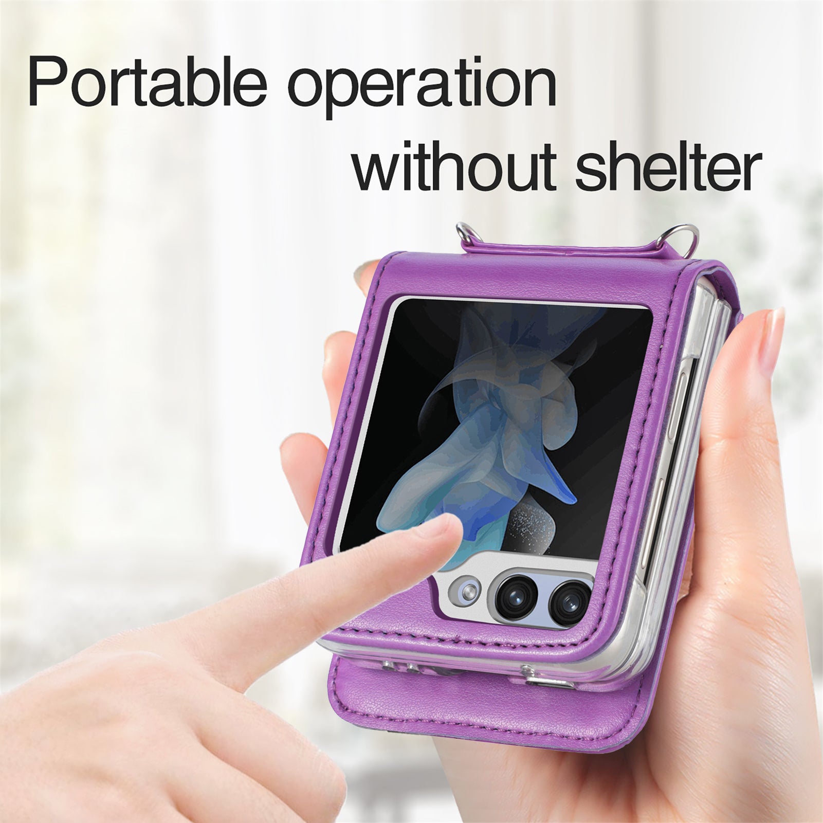 For Samsung Galaxy Z Flip5 5G PU Leather PC Card Holder Case Flower Imprinted Phone Cover with Shoulder Strap