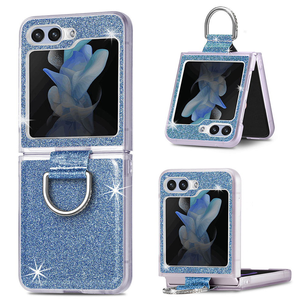 For Samsung Galaxy Z Flip5 5G Glitter Phone Case PU Leather Coated PC Cover with Rhinestone Decor Finger Ring