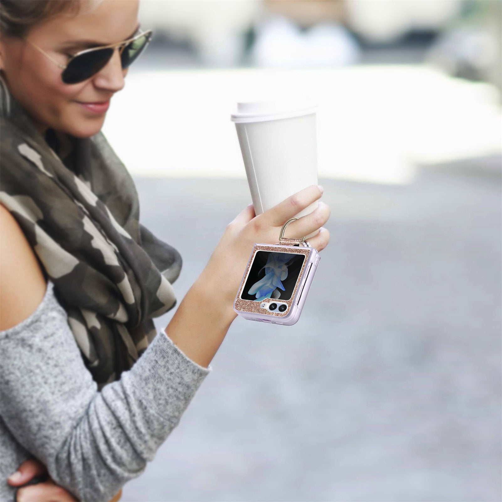 For Samsung Galaxy Z Flip5 5G Glitter Phone Case PU Leather Coated PC Cover with Rhinestone Decor Finger Ring