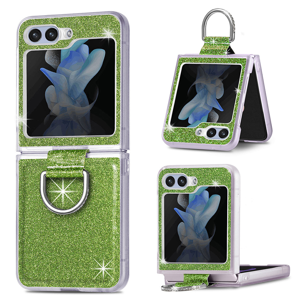 For Samsung Galaxy Z Flip5 5G Glitter Phone Case PU Leather Coated PC Cover with Rhinestone Decor Finger Ring