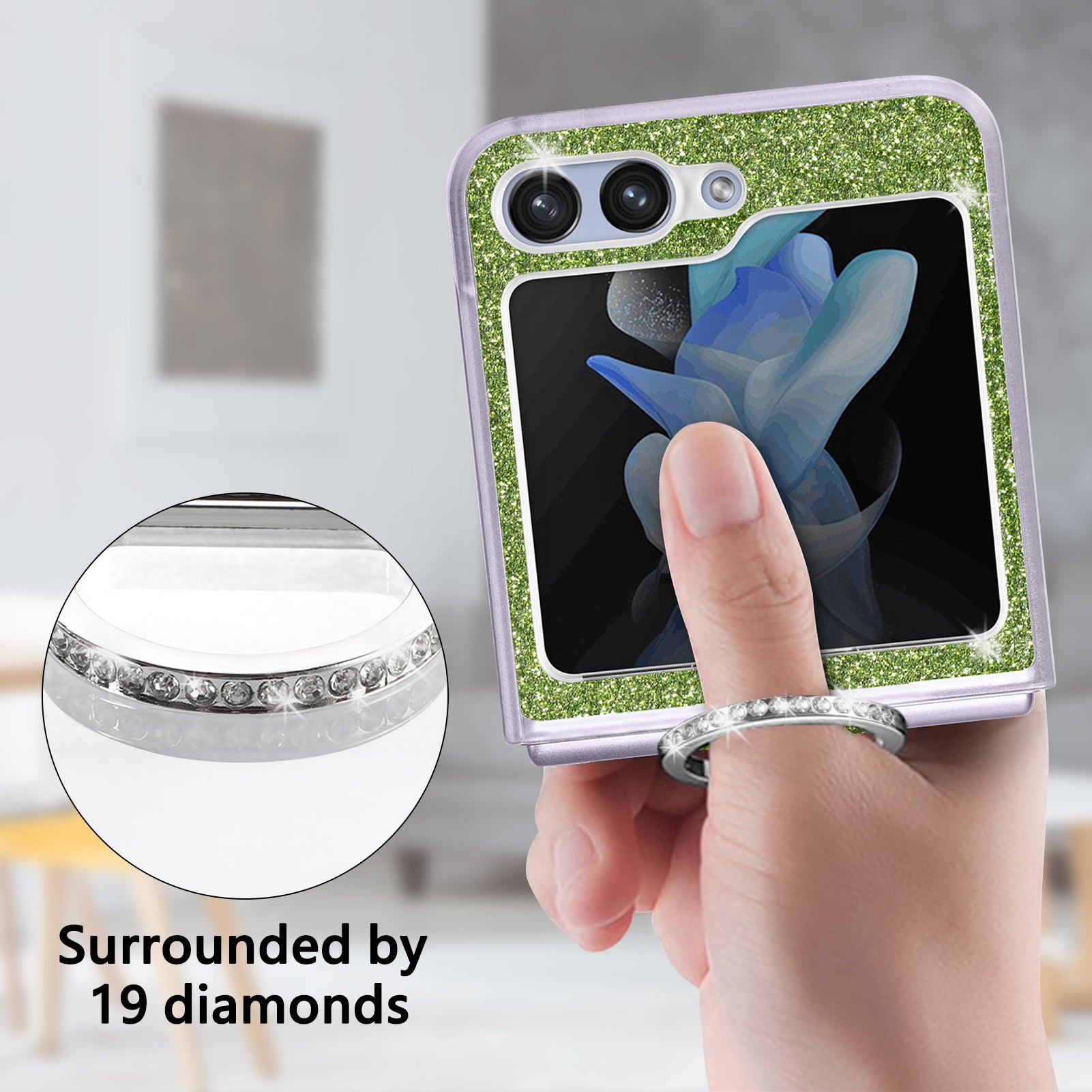 For Samsung Galaxy Z Flip5 5G Glitter Phone Case PU Leather Coated PC Cover with Rhinestone Decor Finger Ring
