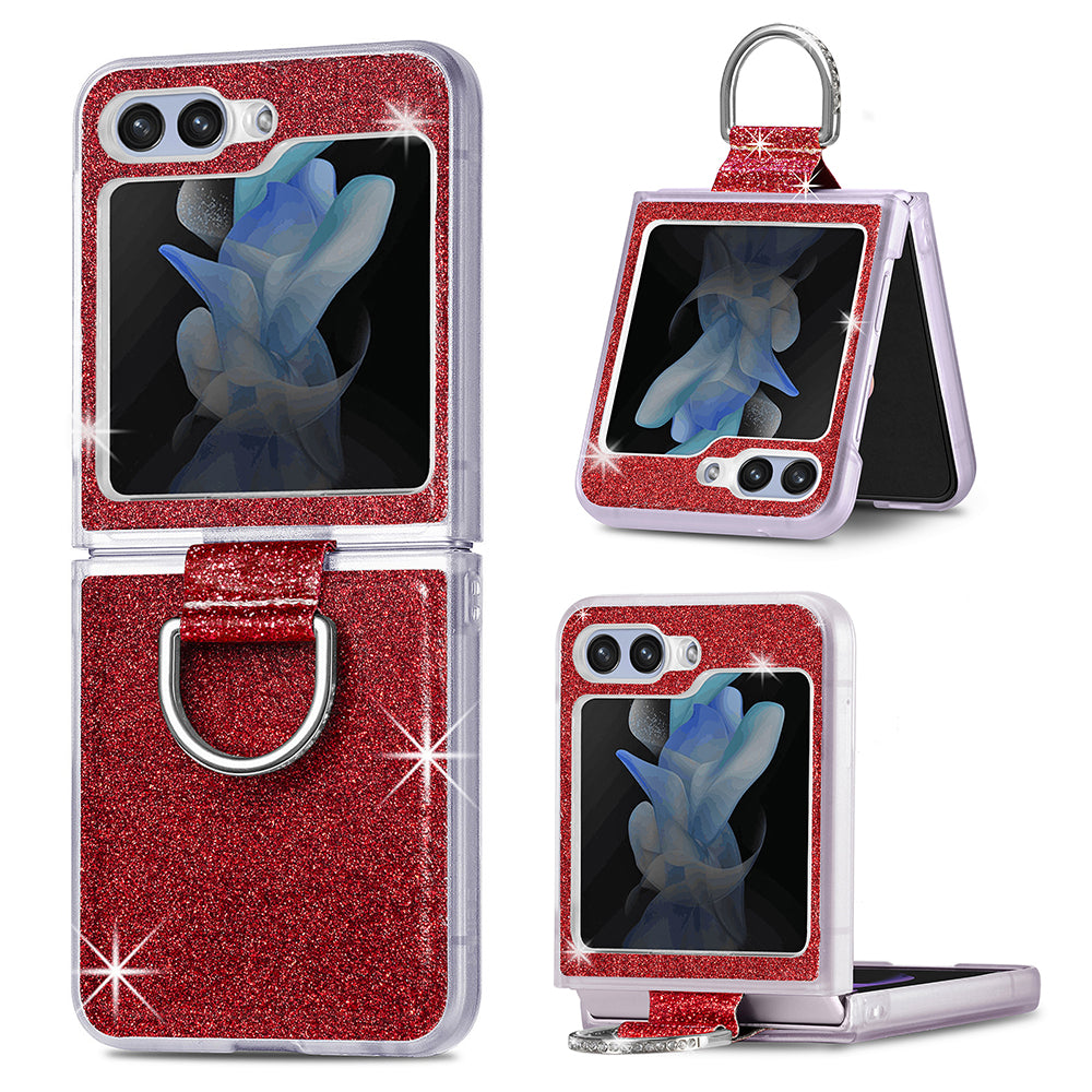 For Samsung Galaxy Z Flip5 5G Glitter Phone Case PU Leather Coated PC Cover with Rhinestone Decor Finger Ring