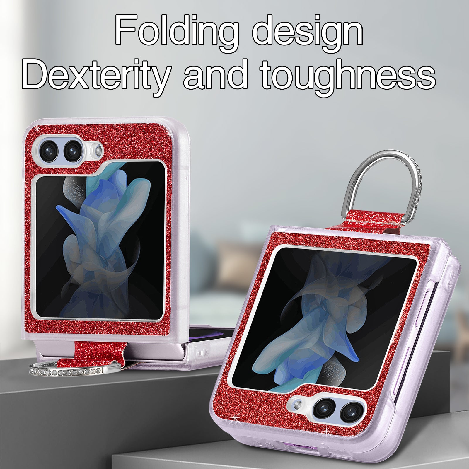 For Samsung Galaxy Z Flip5 5G Glitter Phone Case PU Leather Coated PC Cover with Rhinestone Decor Finger Ring
