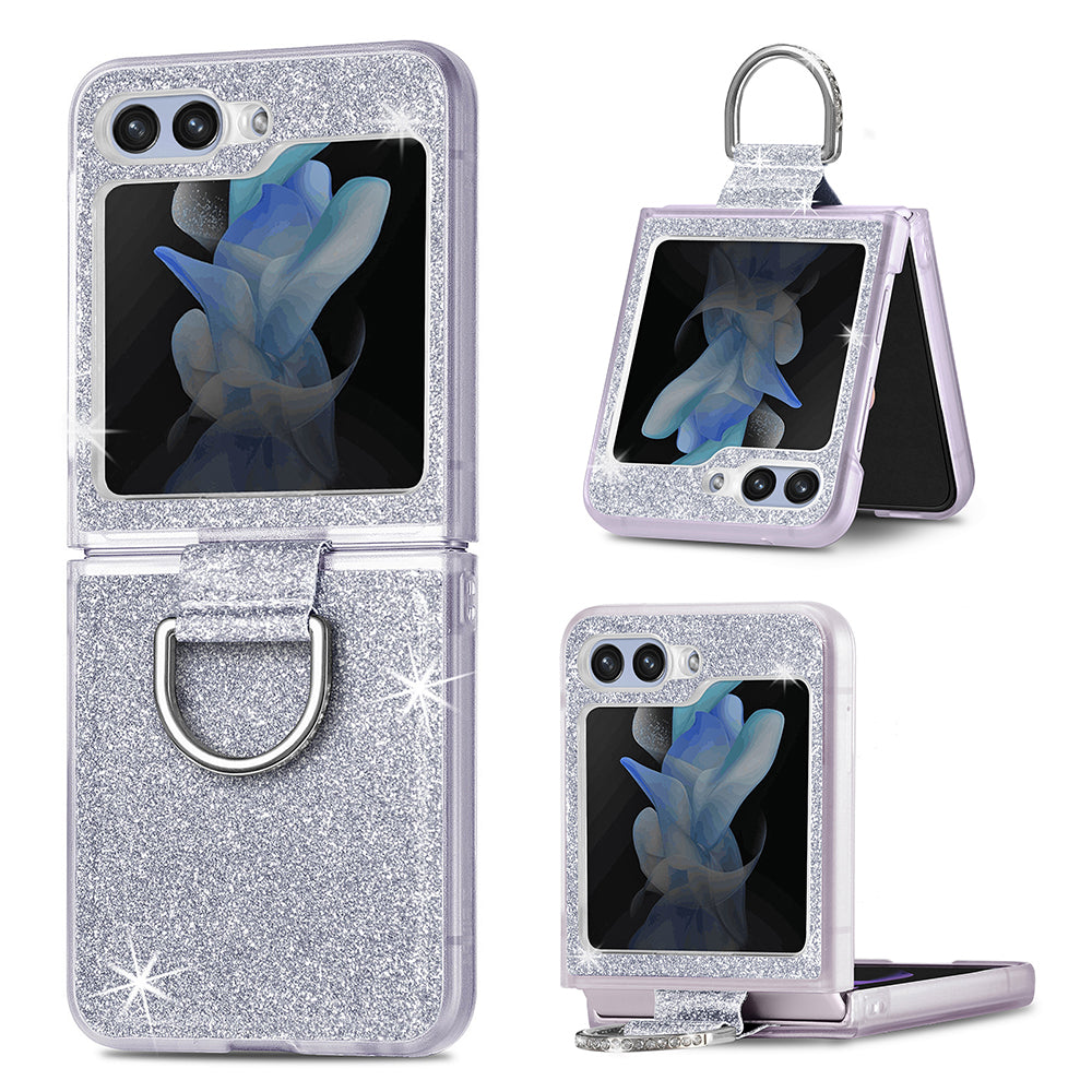 For Samsung Galaxy Z Flip5 5G Glitter Phone Case PU Leather Coated PC Cover with Rhinestone Decor Finger Ring