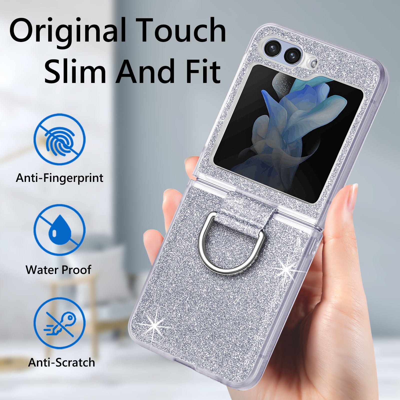 For Samsung Galaxy Z Flip5 5G Glitter Phone Case PU Leather Coated PC Cover with Rhinestone Decor Finger Ring