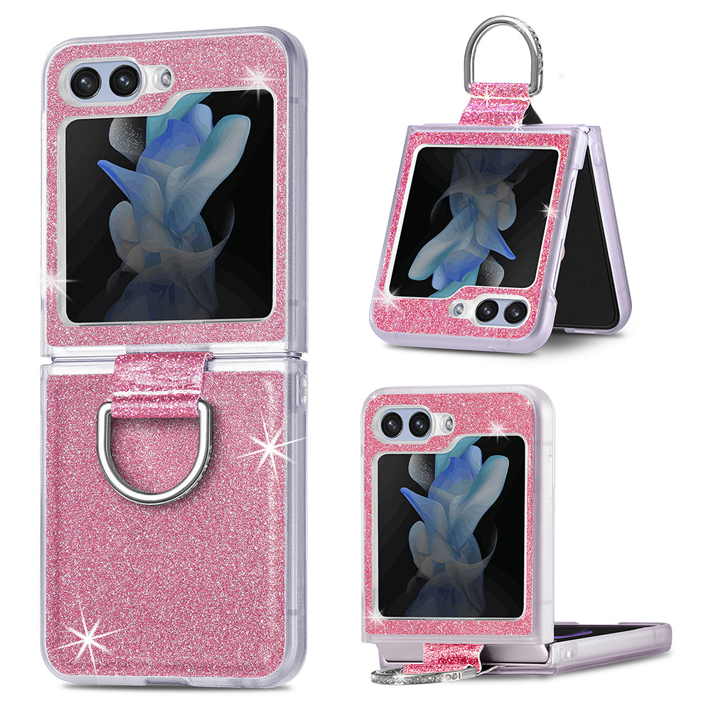 For Samsung Galaxy Z Flip5 5G Glitter Phone Case PU Leather Coated PC Cover with Rhinestone Decor Finger Ring