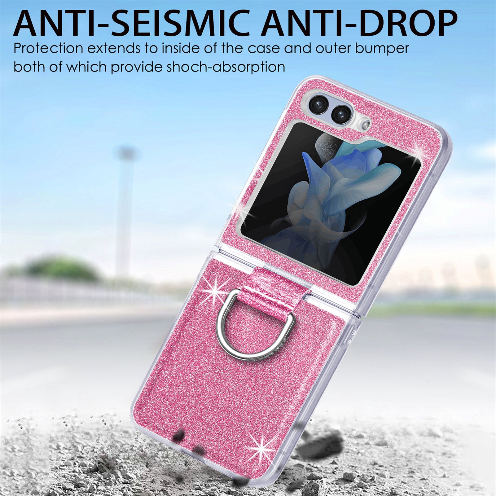 For Samsung Galaxy Z Flip5 5G Glitter Phone Case PU Leather Coated PC Cover with Rhinestone Decor Finger Ring
