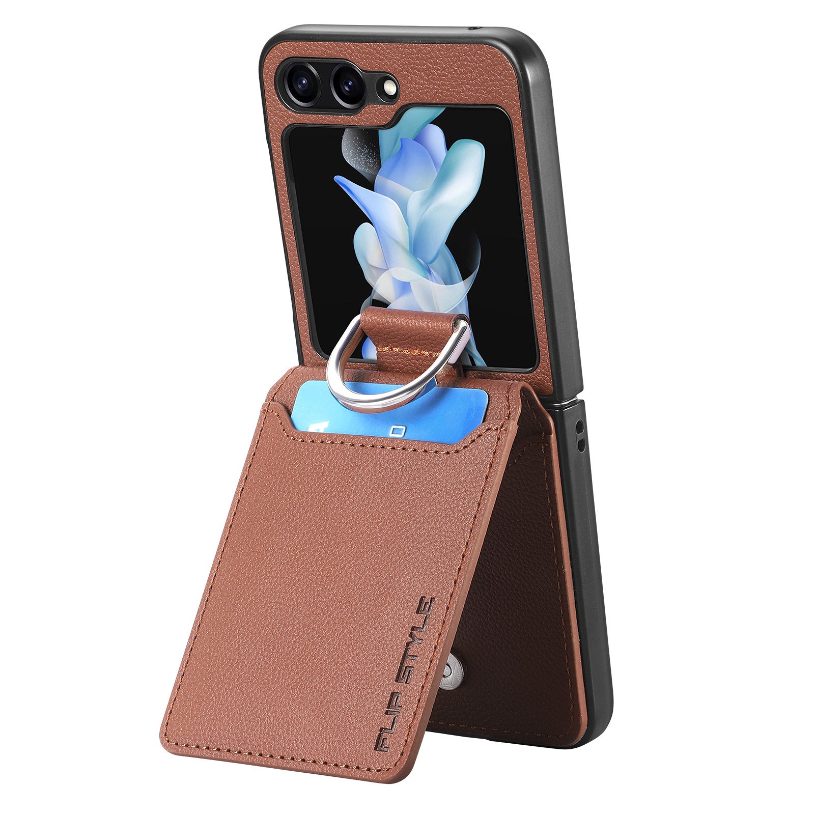 For Samsung Galaxy Z Flip5 5G Litchi Texture PU Leather PC Phone Case Card Slot Kickstand Cover with Finger Ring