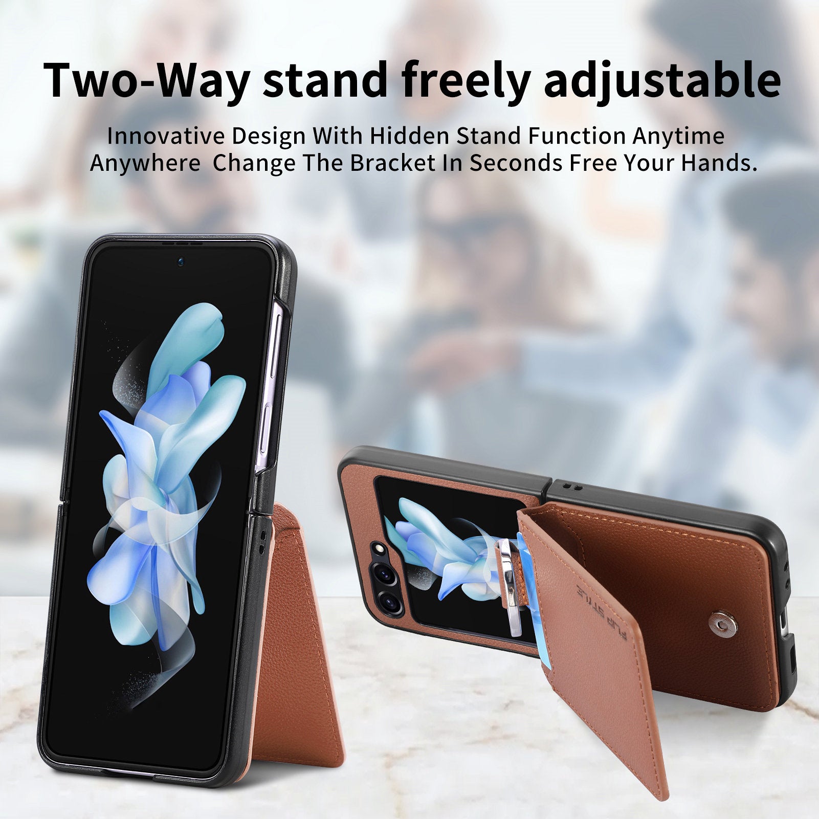 For Samsung Galaxy Z Flip5 5G Litchi Texture PU Leather PC Phone Case Card Slot Kickstand Cover with Finger Ring