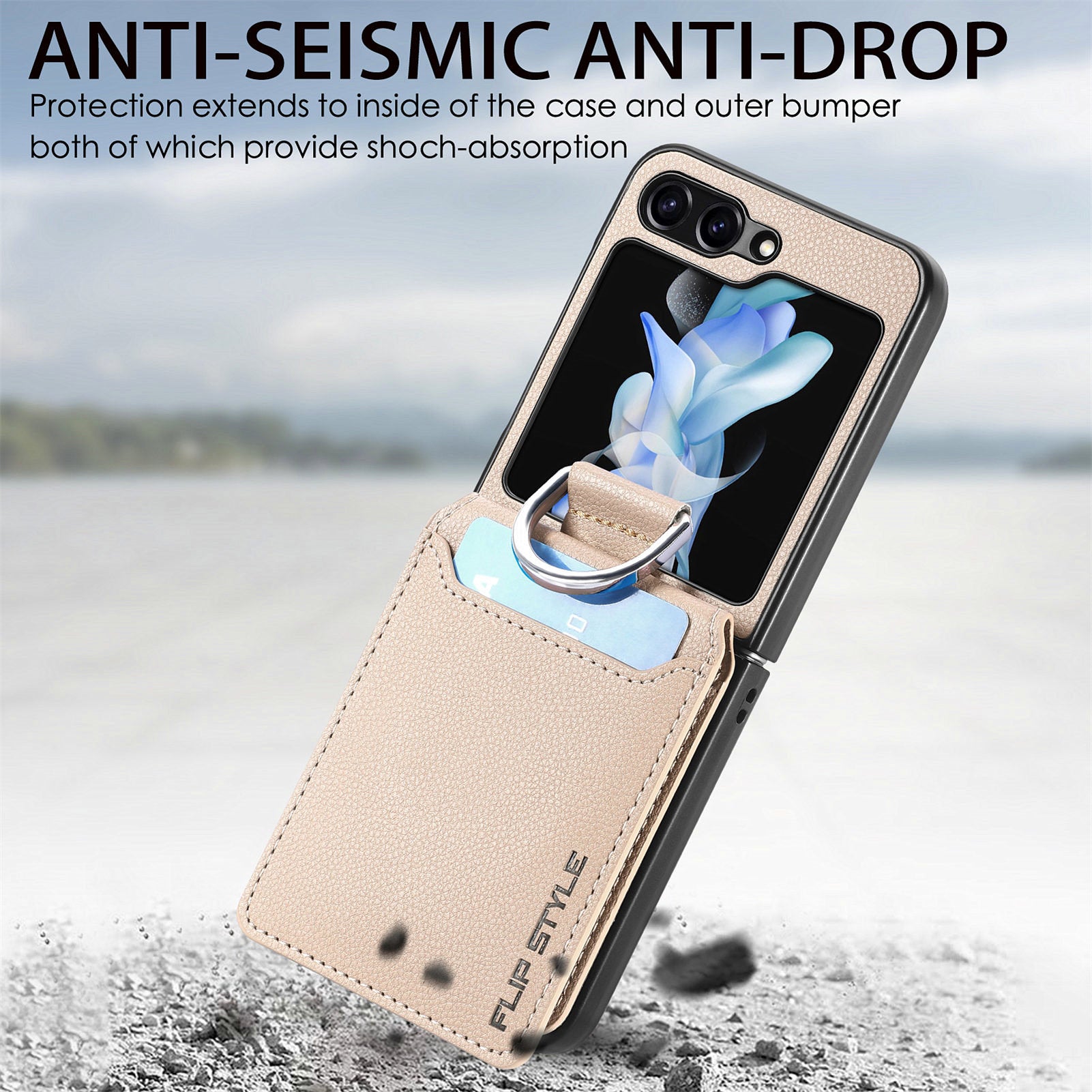 For Samsung Galaxy Z Flip5 5G Litchi Texture PU Leather PC Phone Case Card Slot Kickstand Cover with Finger Ring