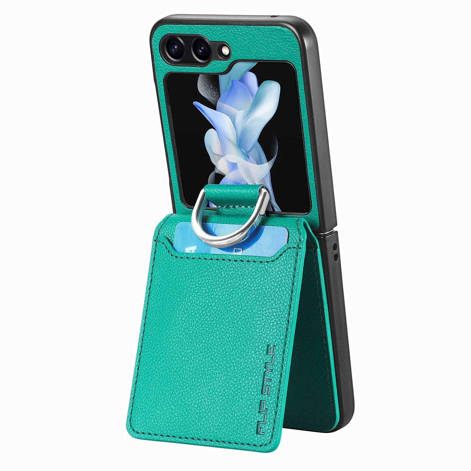 For Samsung Galaxy Z Flip5 5G Litchi Texture PU Leather PC Phone Case Card Slot Kickstand Cover with Finger Ring