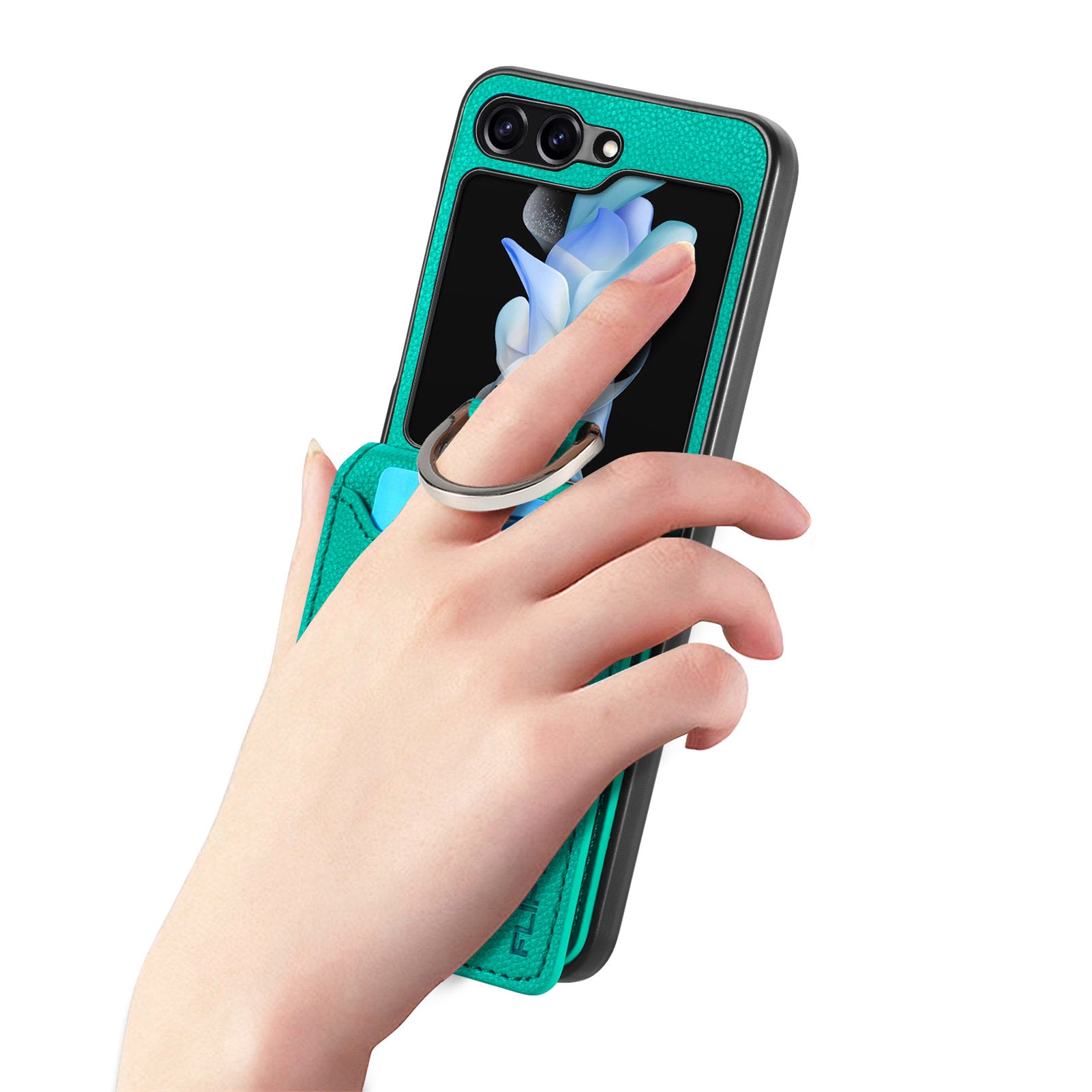 For Samsung Galaxy Z Flip5 5G Litchi Texture PU Leather PC Phone Case Card Slot Kickstand Cover with Finger Ring
