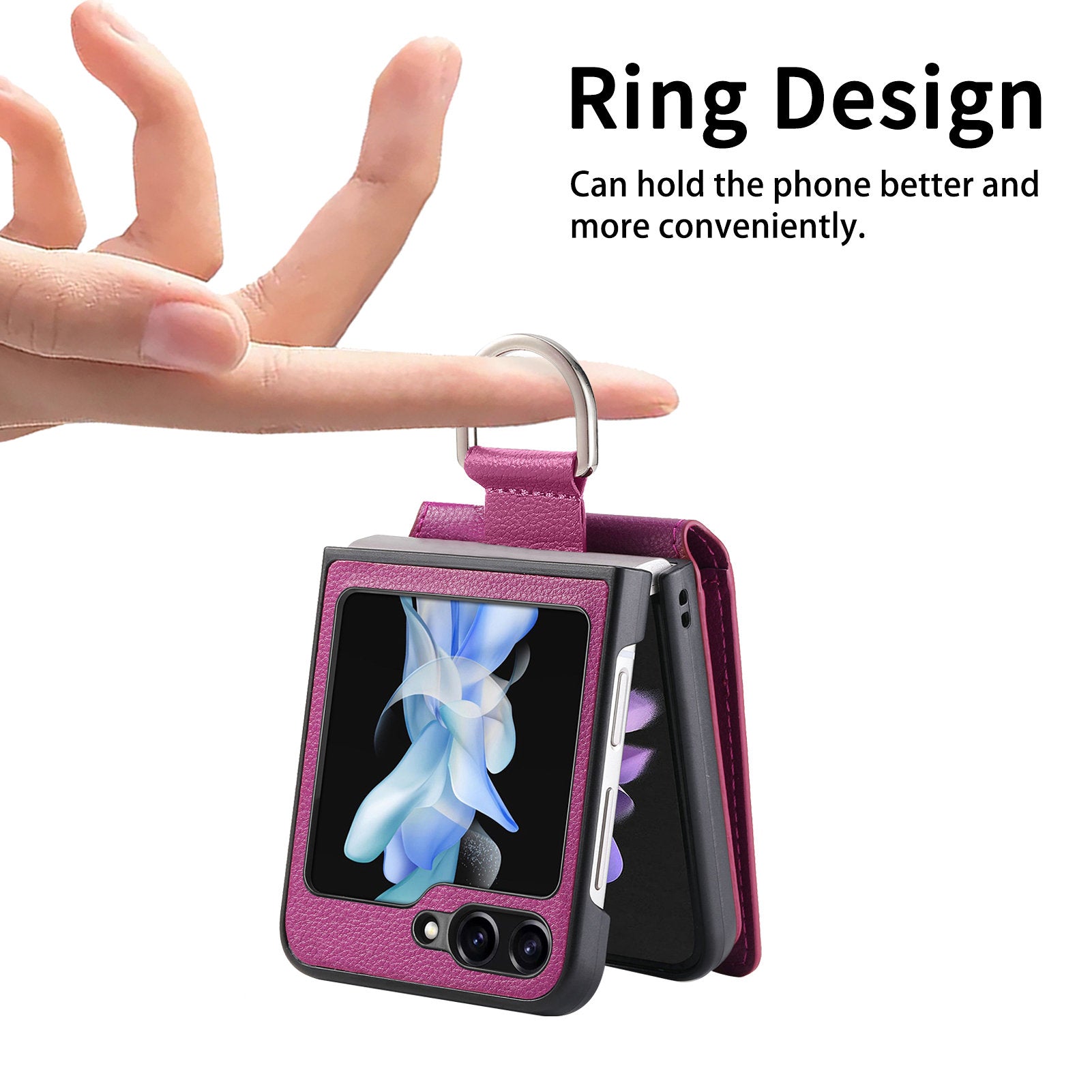 For Samsung Galaxy Z Flip5 5G Litchi Texture PU Leather PC Phone Case Card Slot Kickstand Cover with Finger Ring