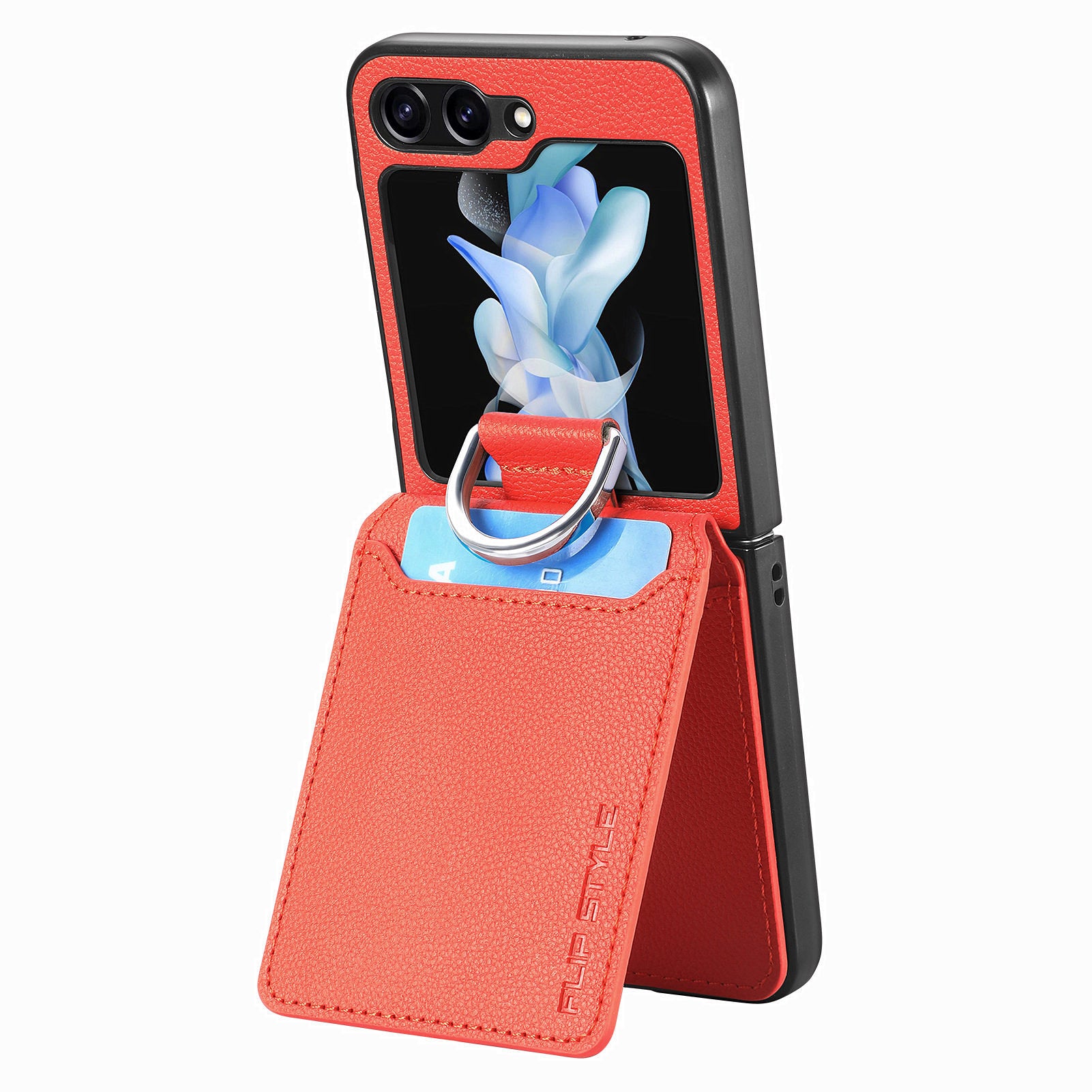 For Samsung Galaxy Z Flip5 5G Litchi Texture PU Leather PC Phone Case Card Slot Kickstand Cover with Finger Ring