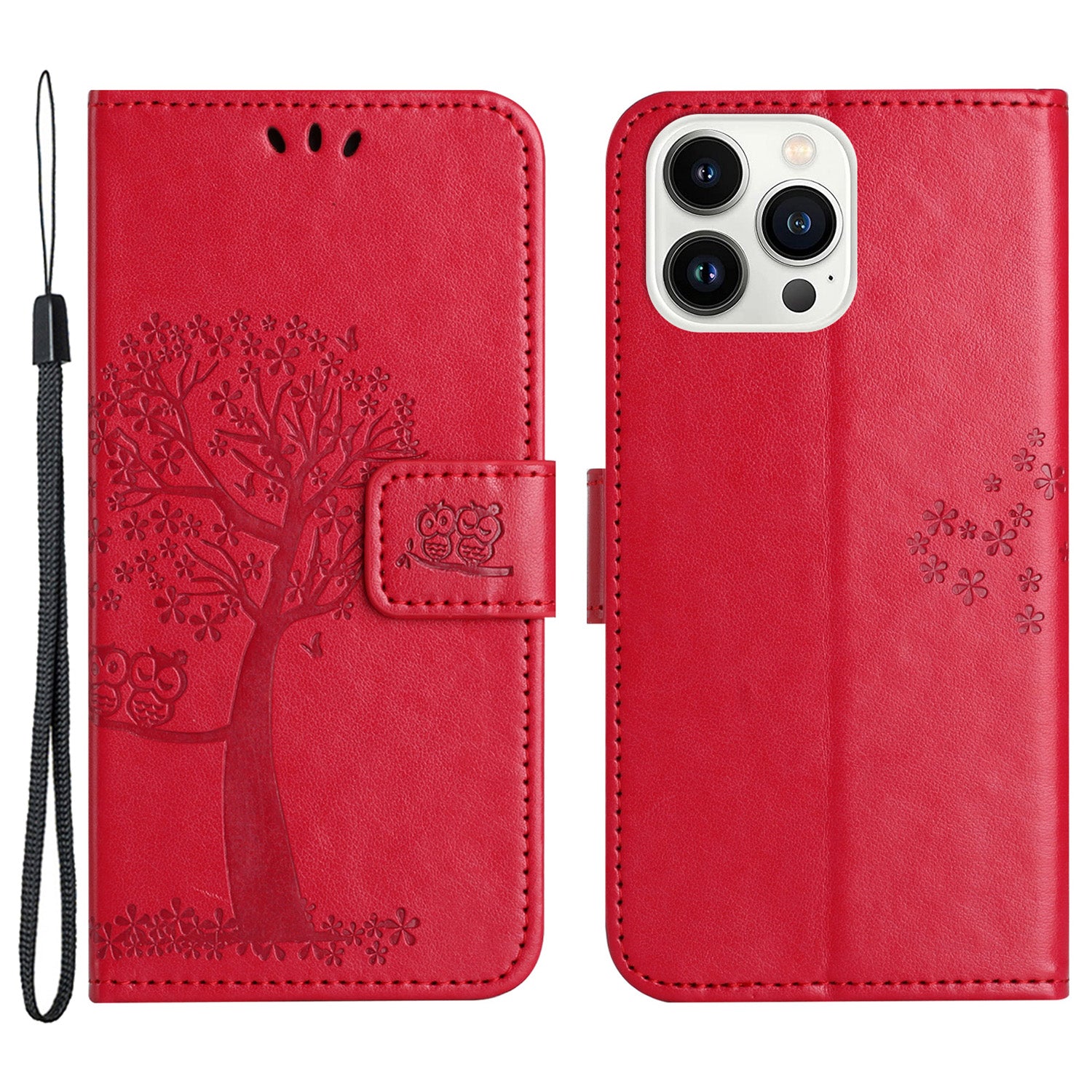 Til iPhone 15 Pro Max Phone Wallet Case PU Læder Owl Tree Imprinted Stand Phone Cover