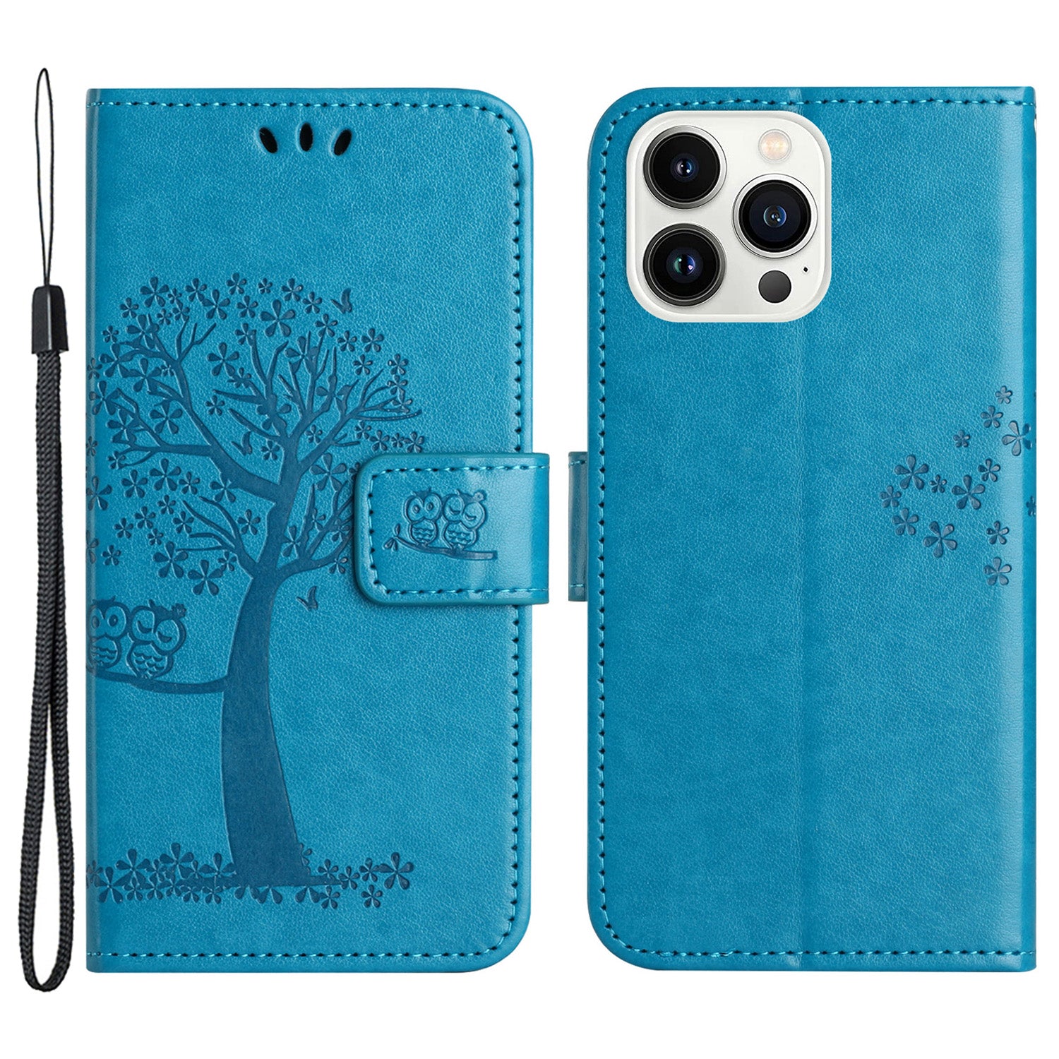 Til iPhone 15 Pro Max Phone Wallet Case PU Læder Owl Tree Imprinted Stand Phone Cover