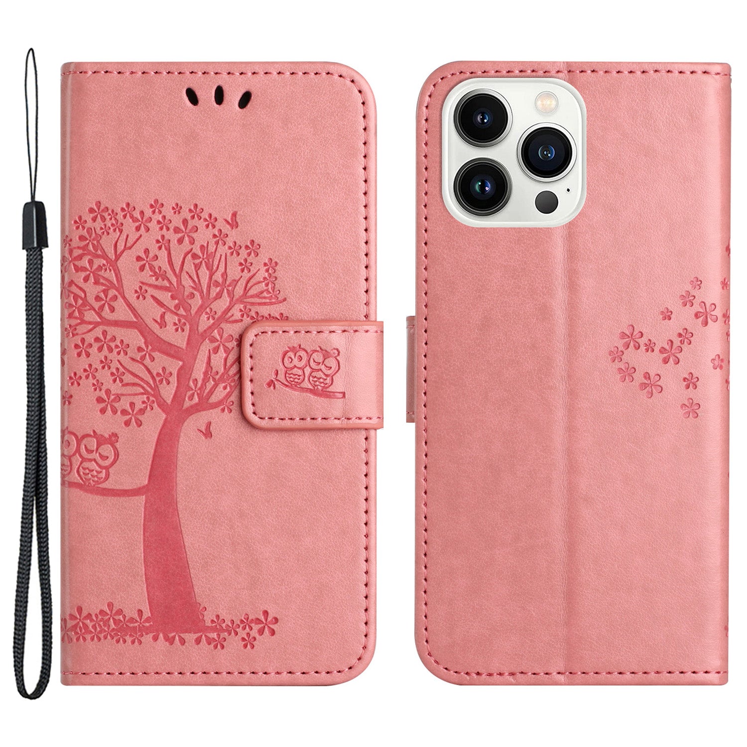 Til iPhone 15 Pro Max Phone Wallet Case PU Læder Owl Tree Imprinted Stand Phone Cover