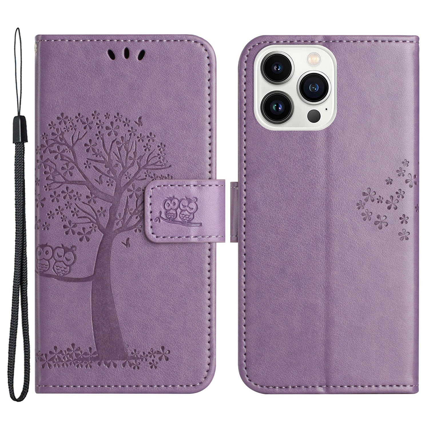 Til iPhone 15 Pro Max Phone Wallet Case PU Læder Owl Tree Imprinted Stand Phone Cover