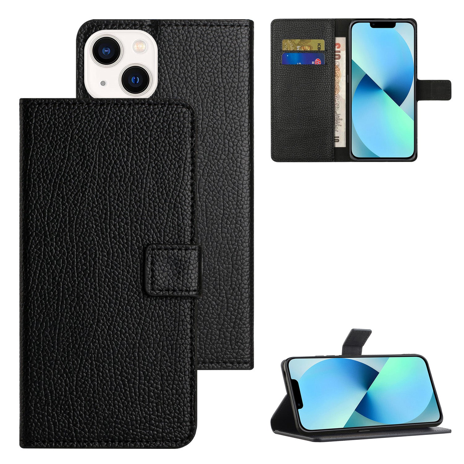 Litchi Texture Phone Wallet Case for iPhone 15 Plus PU Leather Full Protection Stand Cover