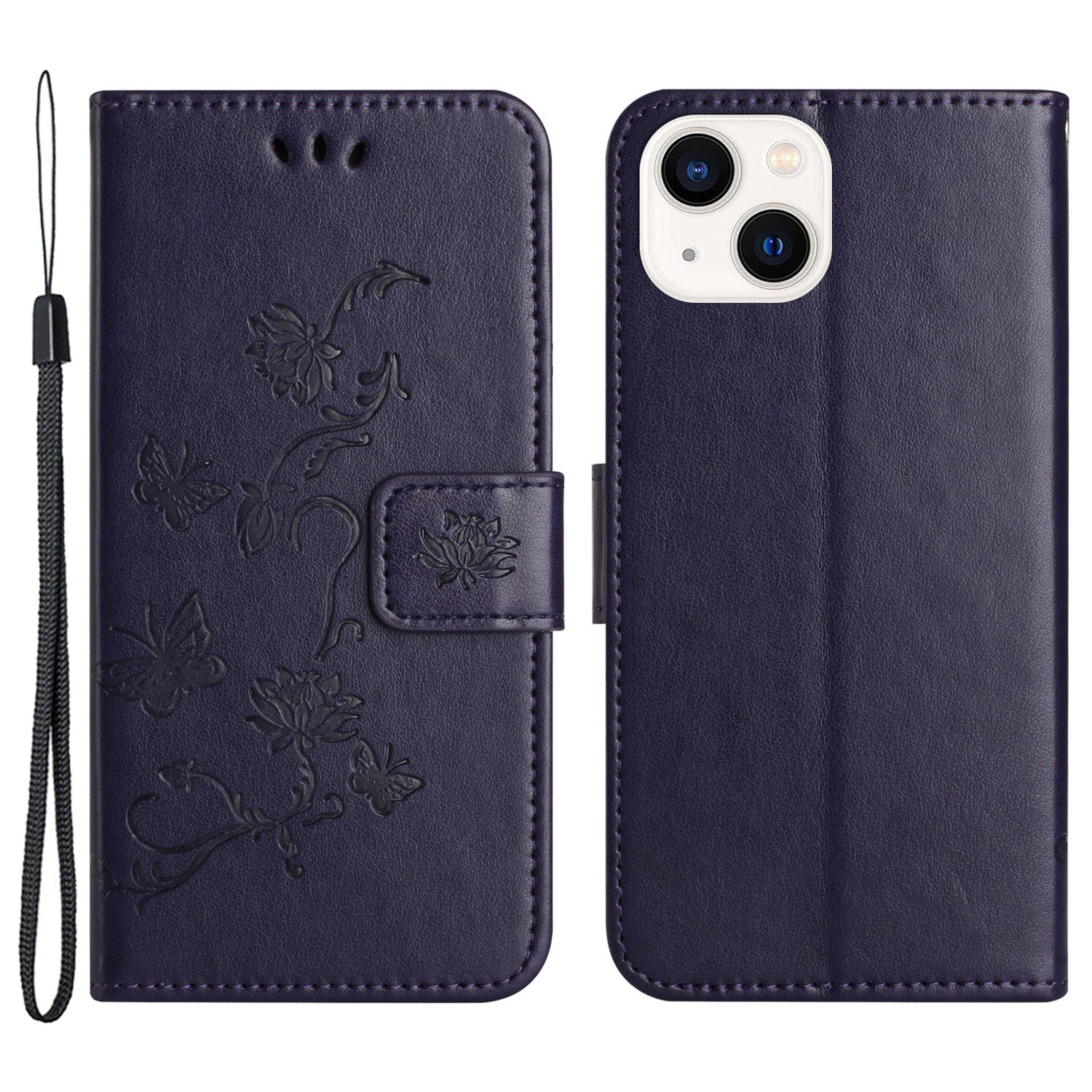 PU Leather Wallet Phone Case for iPhone 15 Butterfly Flower Imprinted Stand Smartphone Cover