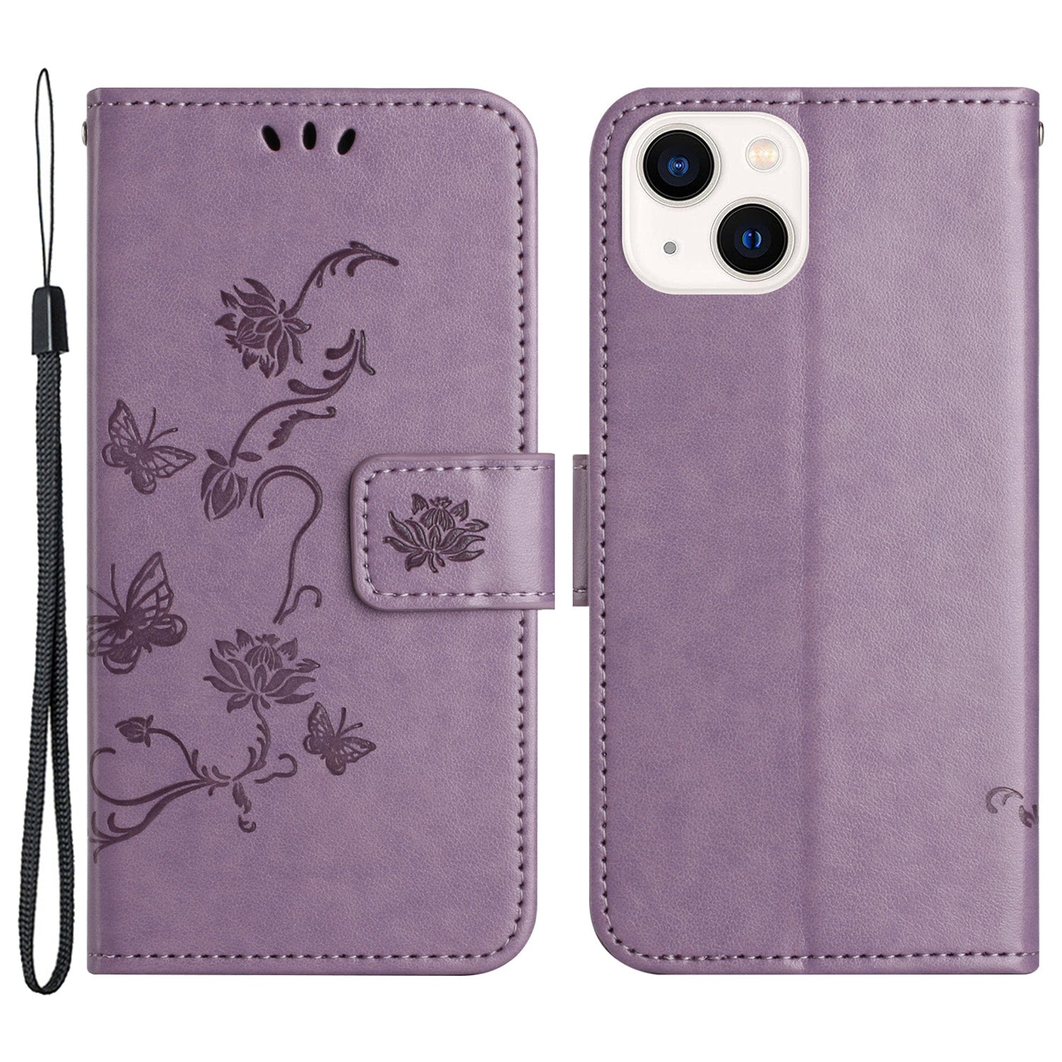 PU Leather Wallet Phone Case for iPhone 15 Butterfly Flower Imprinted Stand Smartphone Cover